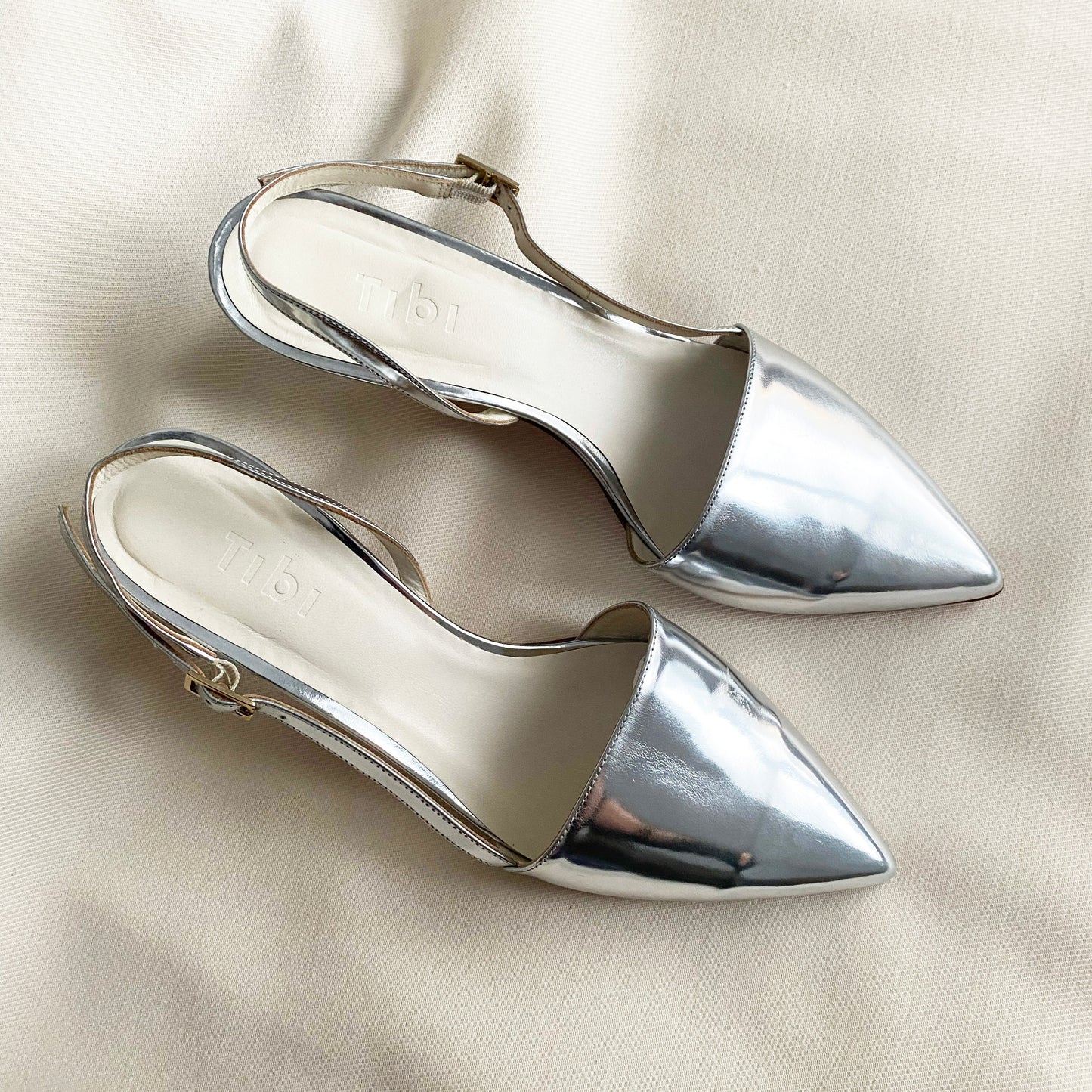 Tibi Silver Hitten Heel Slingbacks, size 38