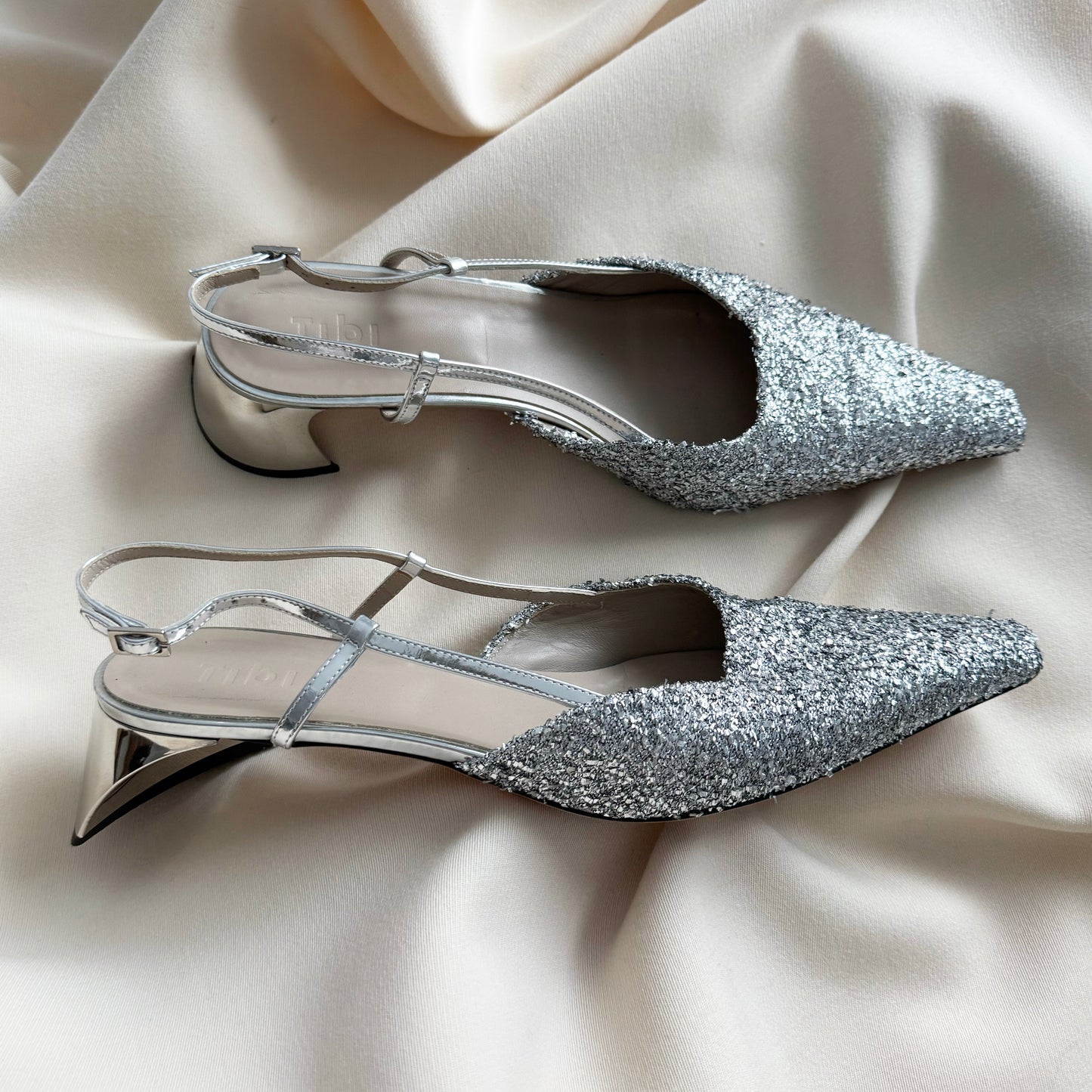 Tibi Curly Victor Slingbacks in Silver, size 42