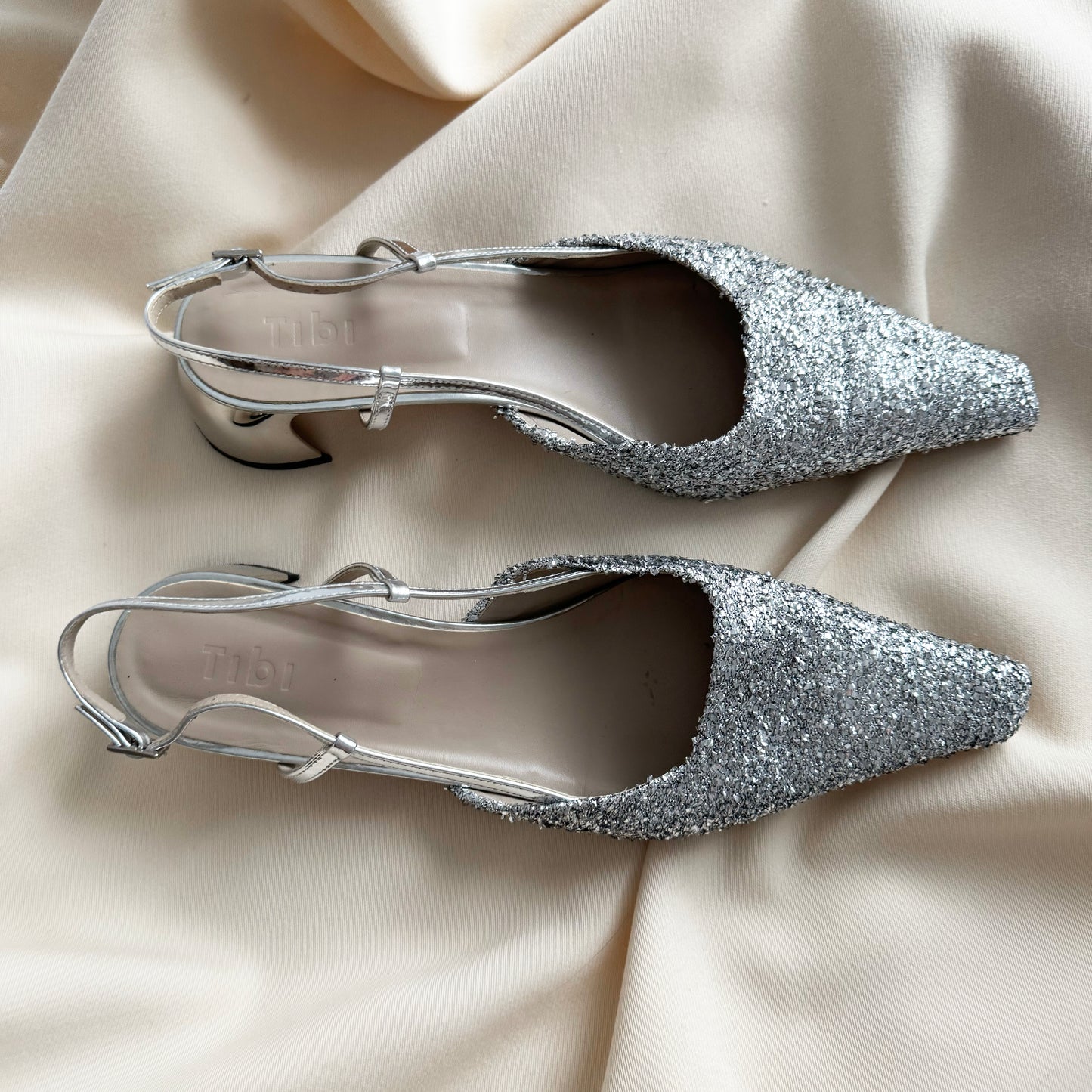 Tibi Curly Victor Slingbacks in Silver, size 42