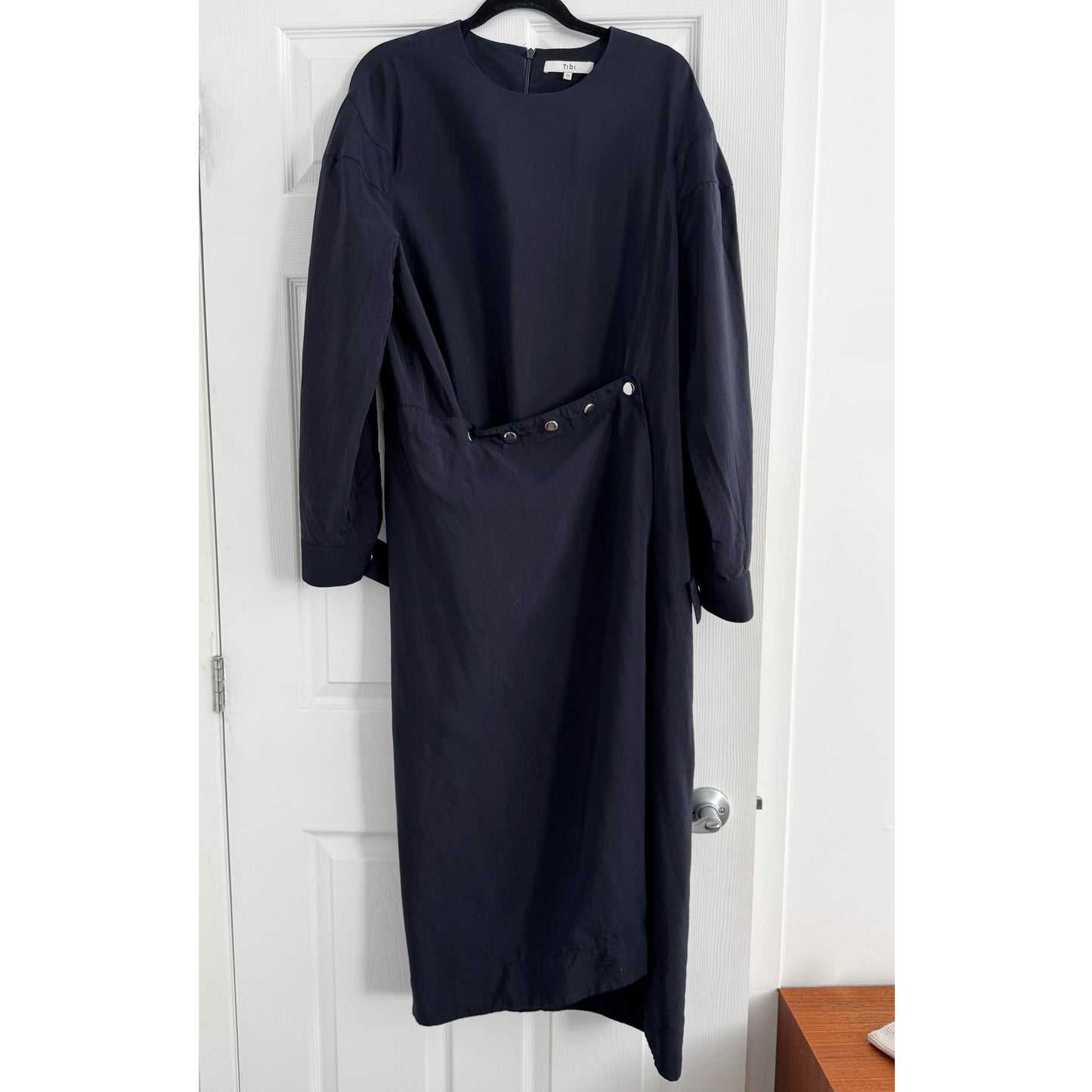 Tibi Viscose Plainweave Asymmetric Flap Snap Dress in Navy, size 12