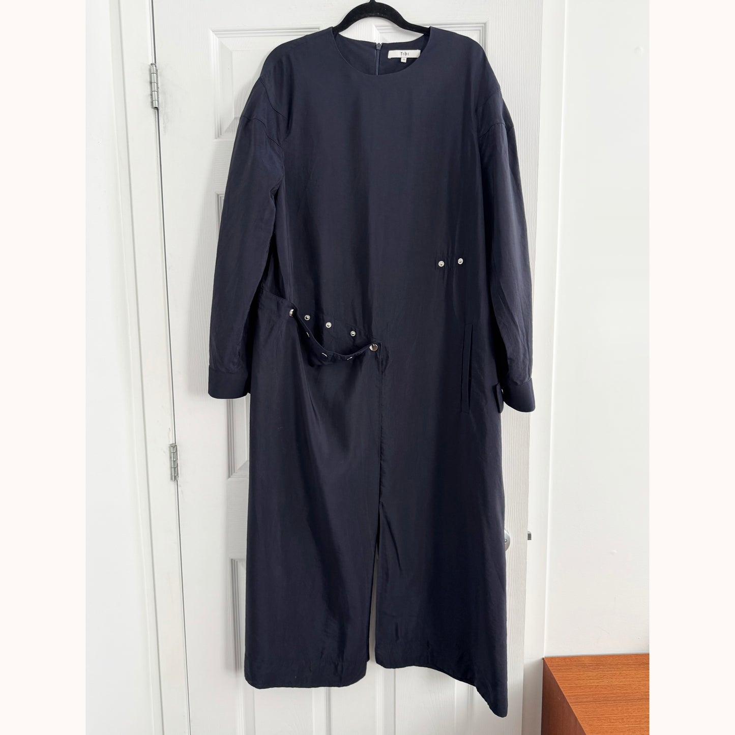 Tibi Viscose Plainweave Asymmetric Flap Snap Dress in Navy, size 12
