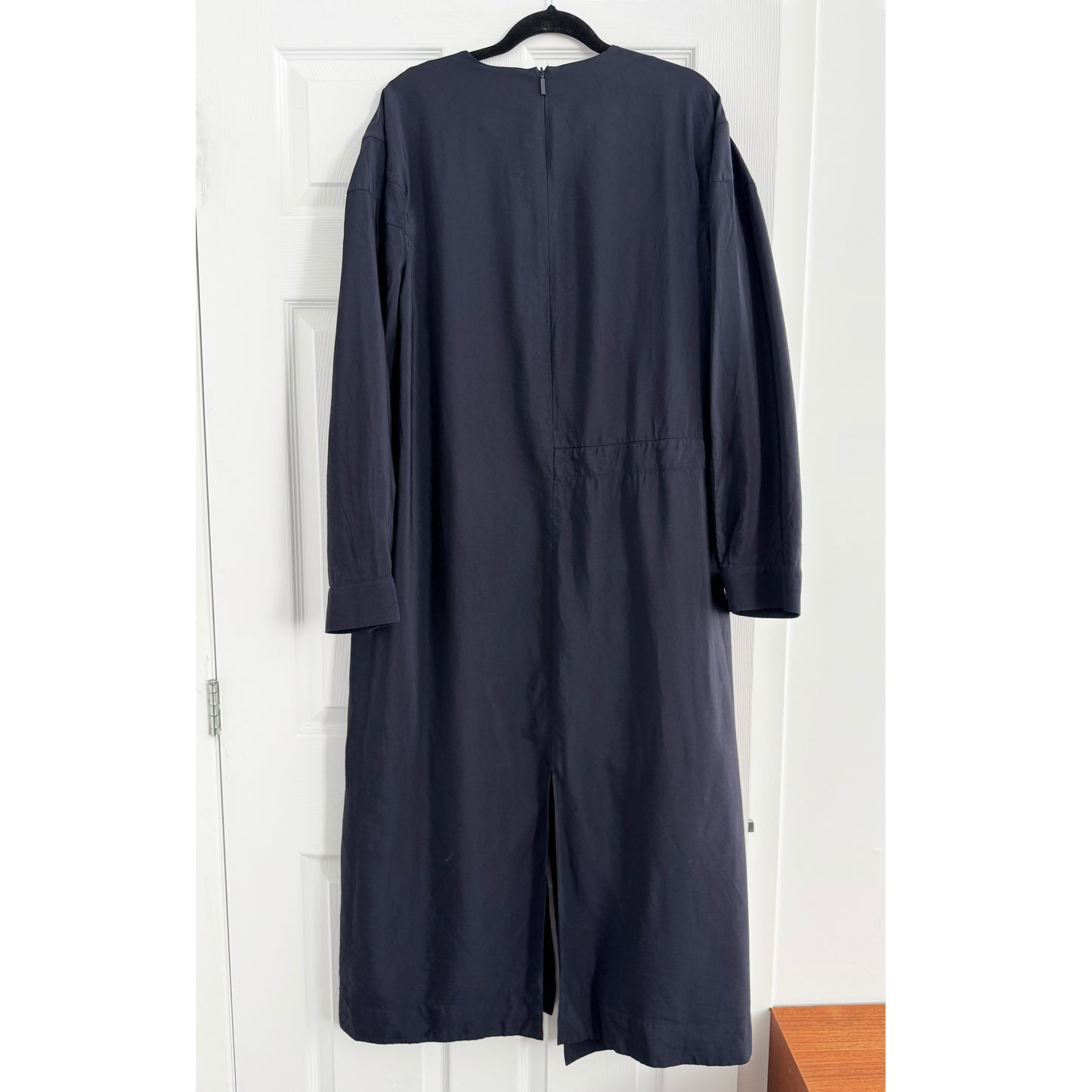 Tibi Viscose Plainweave Asymmetric Flap Snap Dress in Navy, size 12