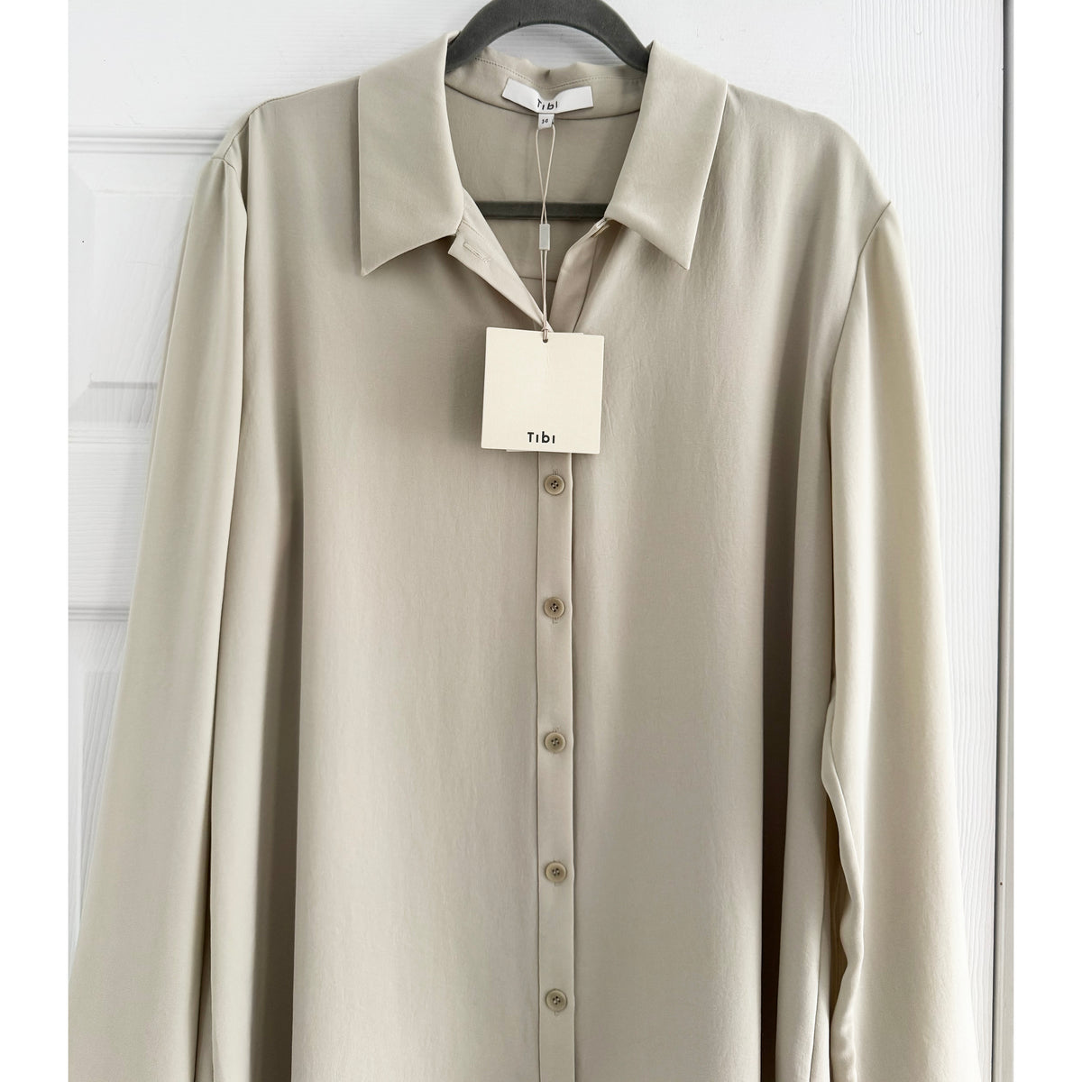 Tibi Soft Drape Slim Shirt in Dune, size 14