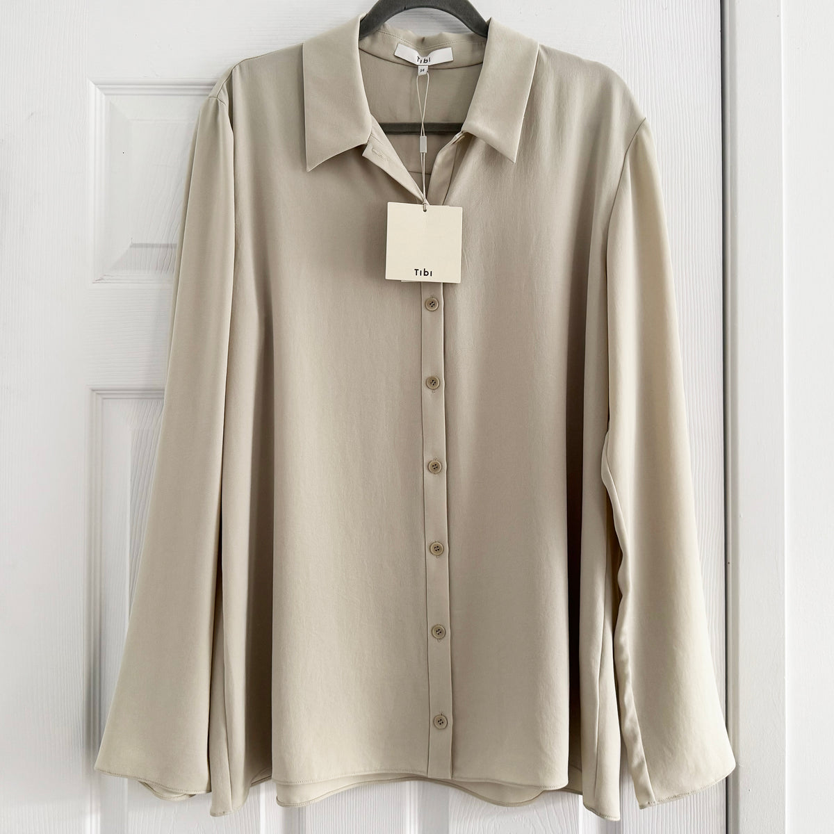 Tibi Soft Drape Slim Shirt in Dune, size 14