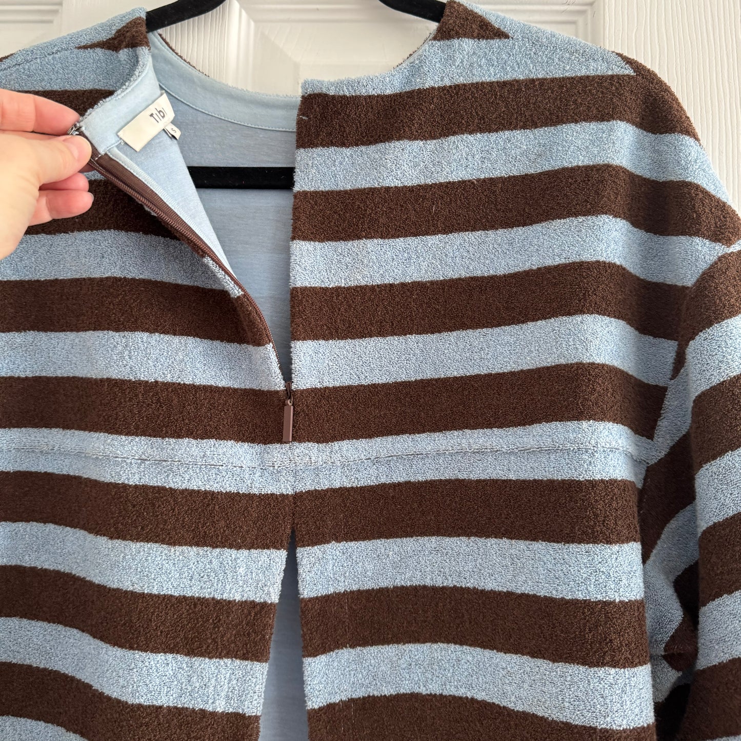 Tibi Bonded Dry Loop Terry Easy Tee in Blue/Brown Stripe, Size Small