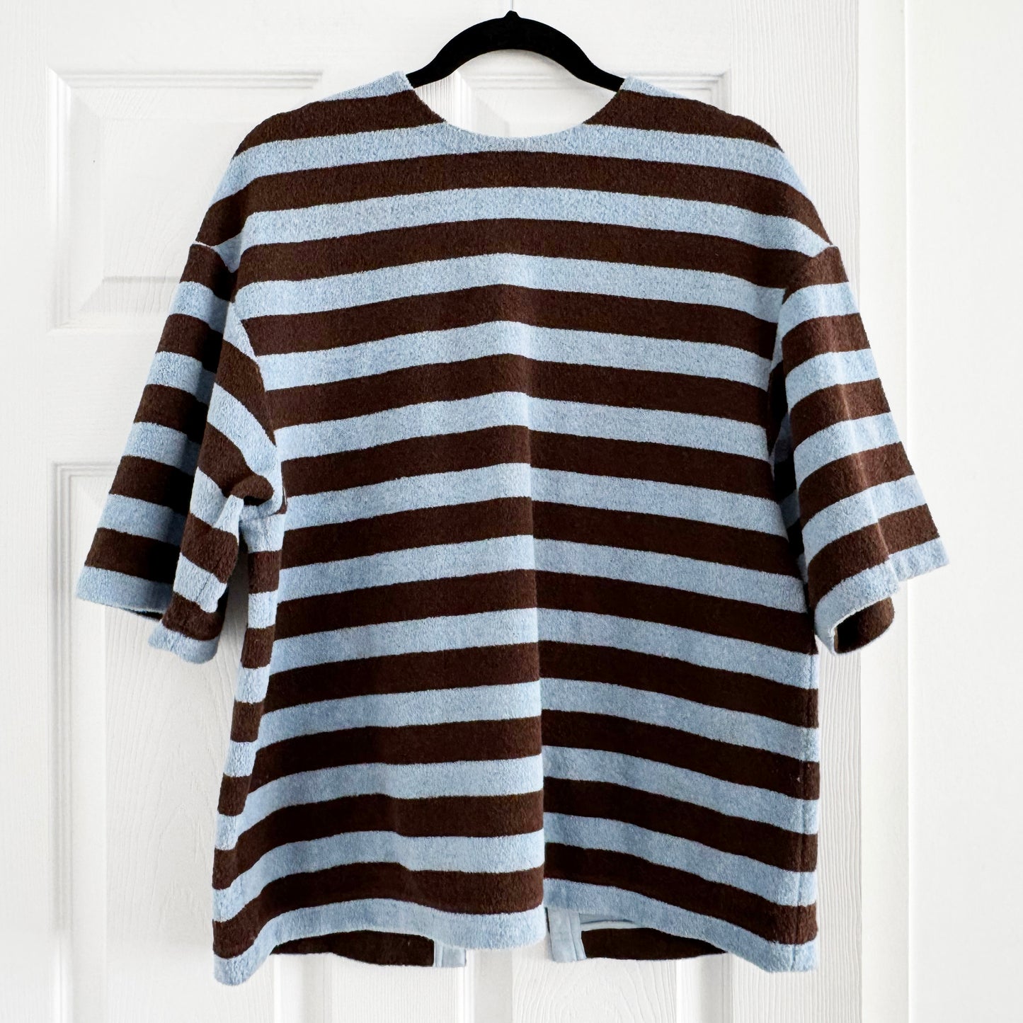 Tibi Bonded Dry Loop Terry Easy Tee in Blue/Brown Stripe, Size Small