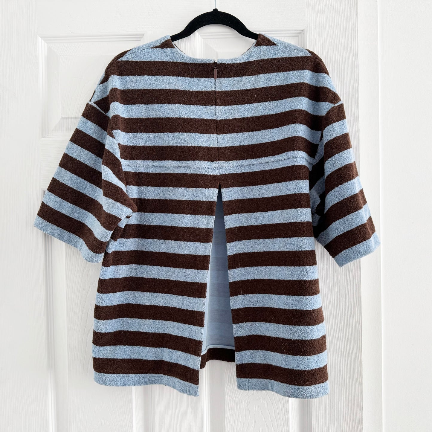 Tibi Bonded Dry Loop Terry Easy Tee in Blue/Brown Stripe, Size Small