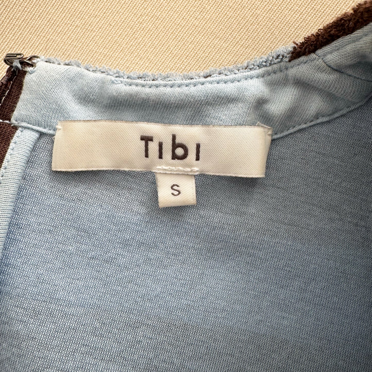 Tibi Bonded Dry Loop Terry Easy Tee in Blue/Brown Stripe, Size Small