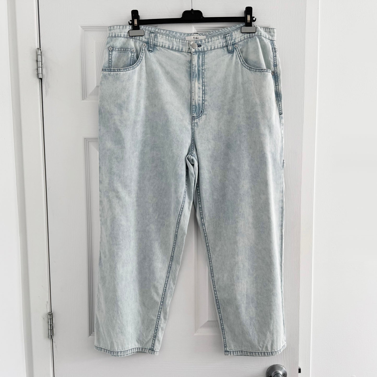 Tibi Lightweight Cropped Slouchy Cargo Jean in Bleached Denim, size 32