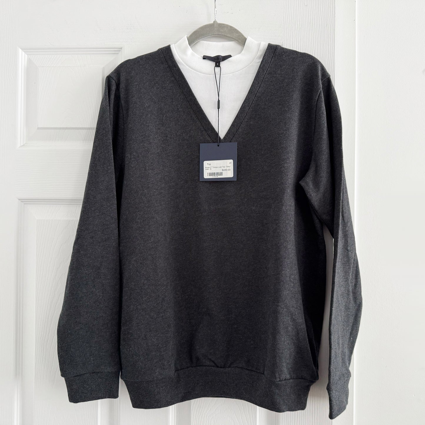 Tibi Perfect T-Shirt Trompe L'oeil Top in Grey Multi, size Small