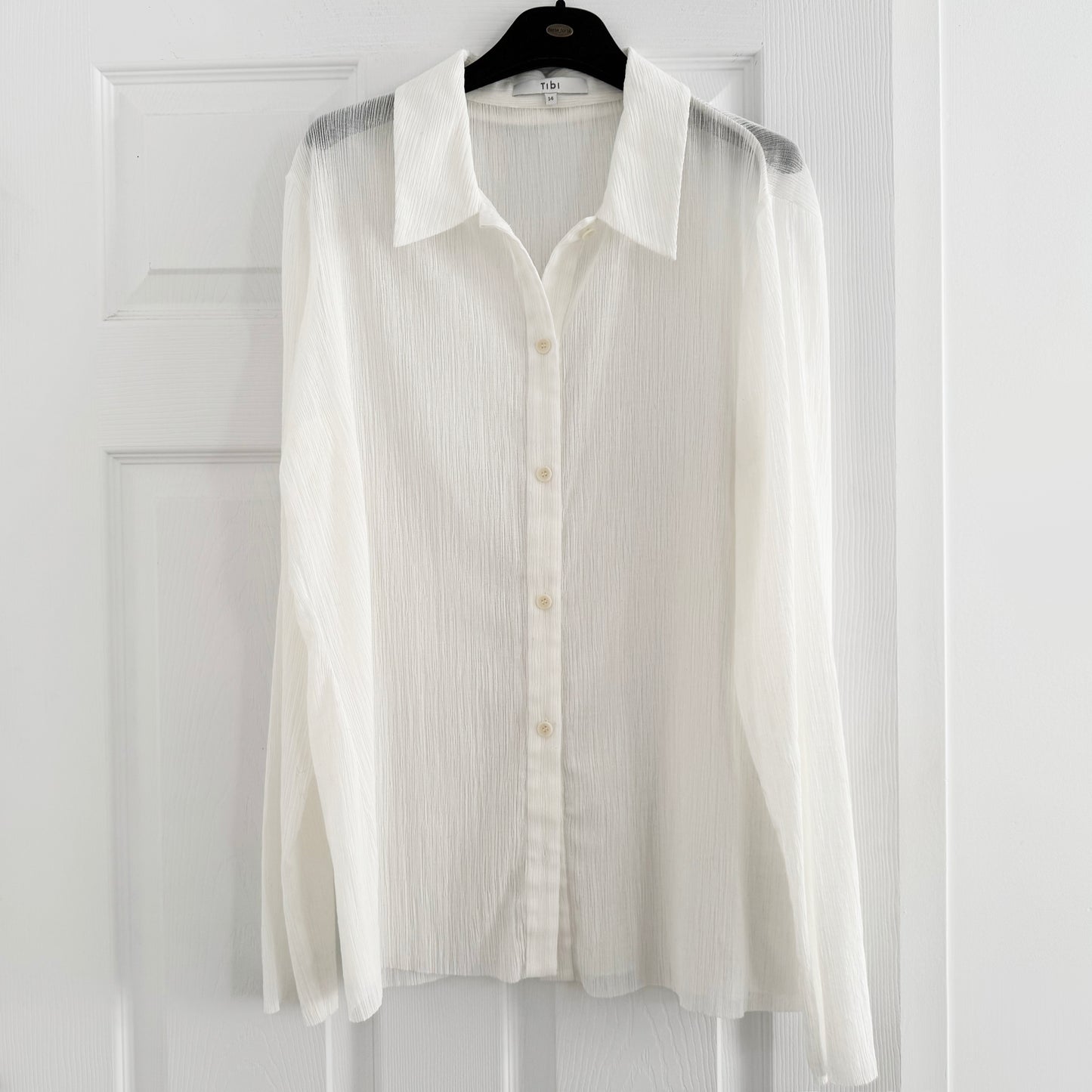 Tibi Crinkle Gauze Long Sleeve Shirt in White, size 14