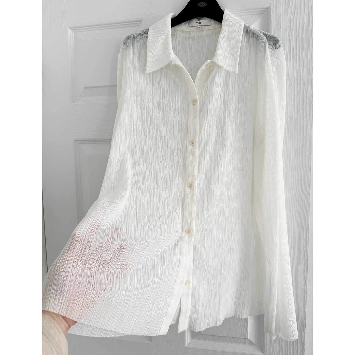 Tibi Crinkle Gauze Long Sleeve Shirt in White, size 14