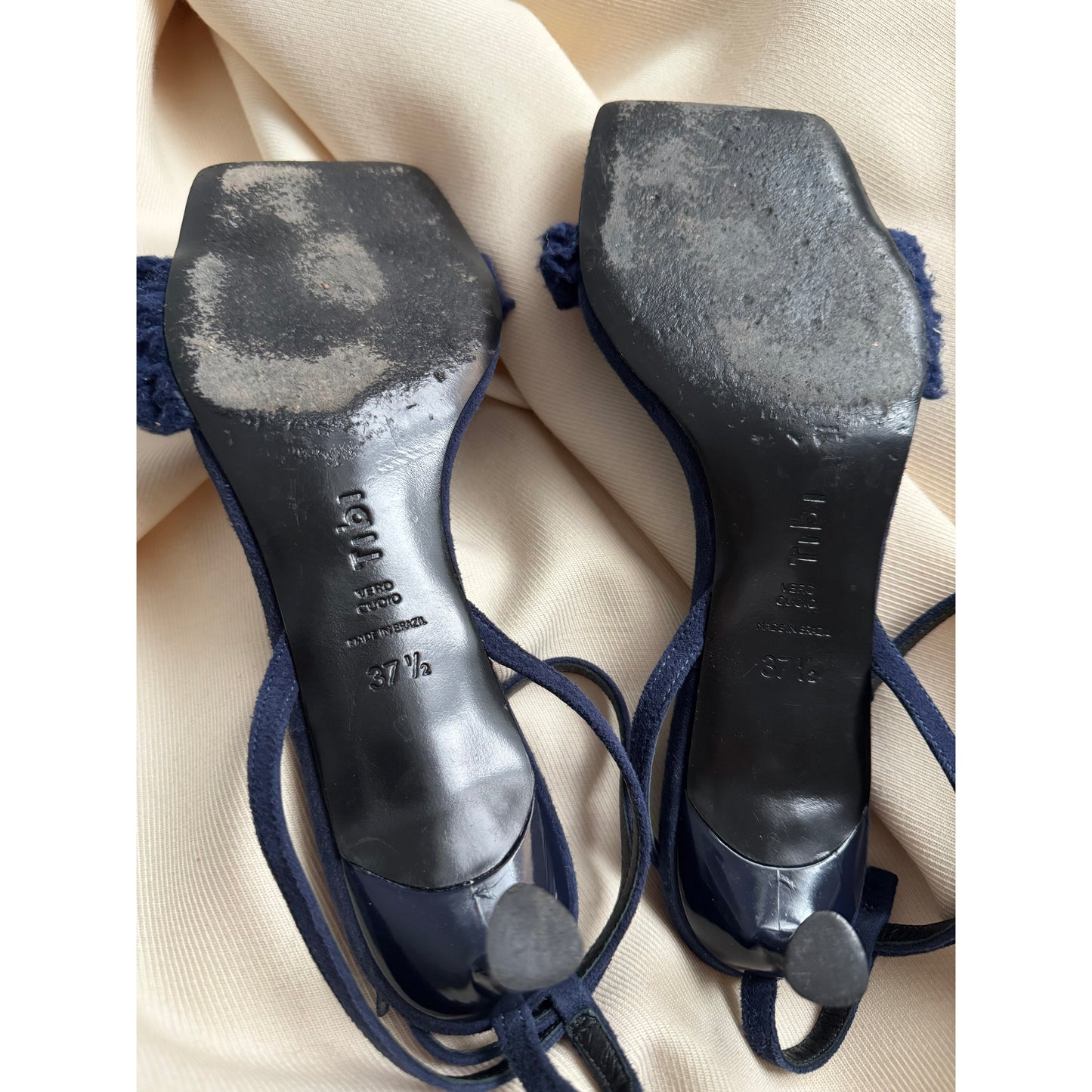 Tibi "Cameron" Suede & Faux Shearling Sandal in Navy, size 37.5