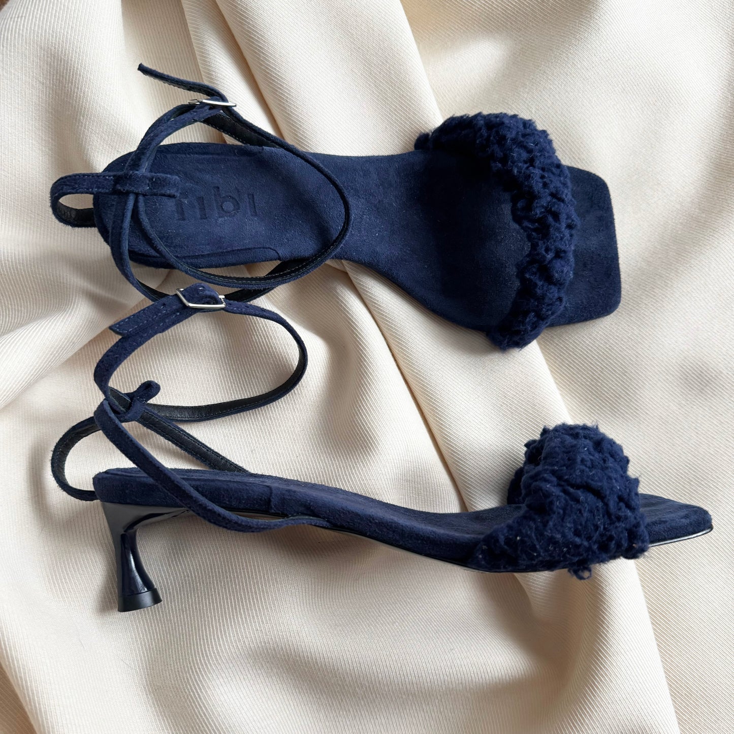 Tibi "Cameron" Suede & Faux Shearling Sandal in Navy, size 37.5