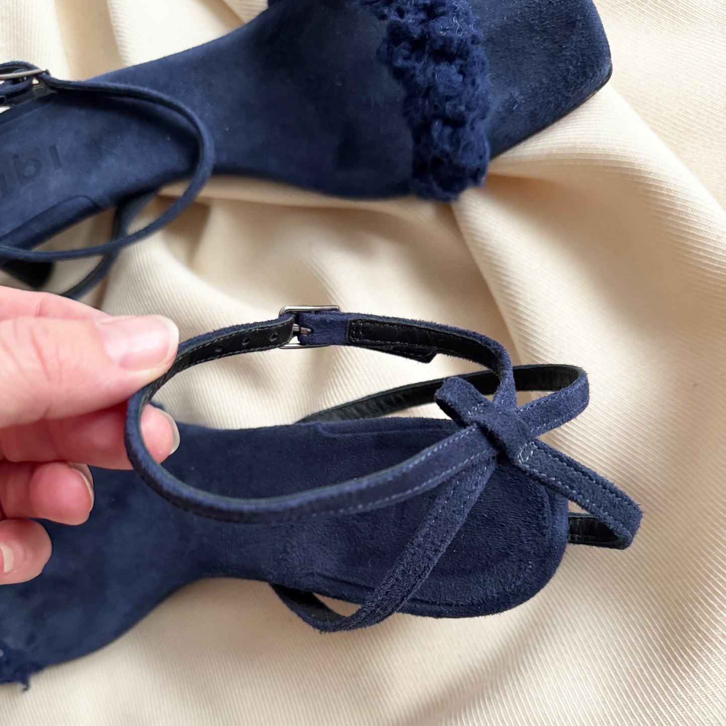 Tibi "Cameron" Suede & Faux Shearling Sandal in Navy, size 37.5