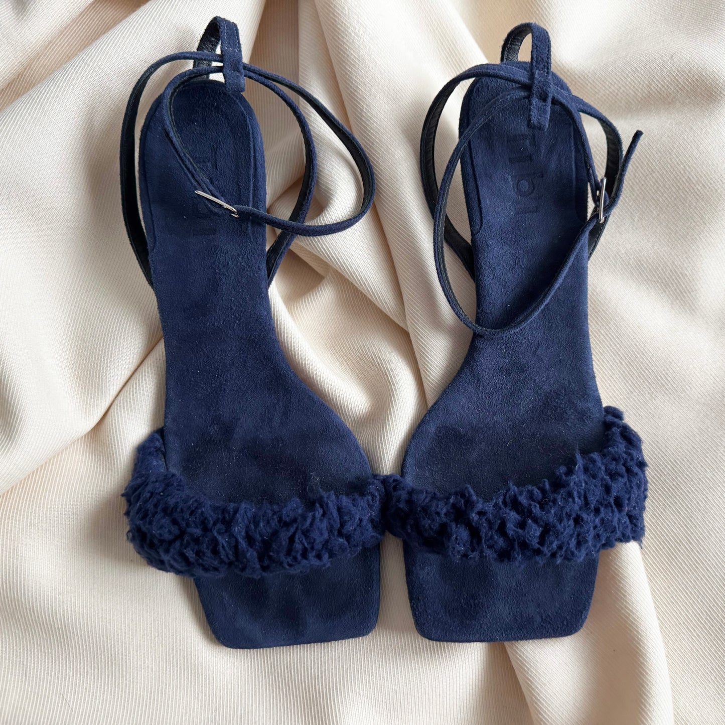Tibi "Cameron" Suede & Faux Shearling Sandal in Navy, size 37.5