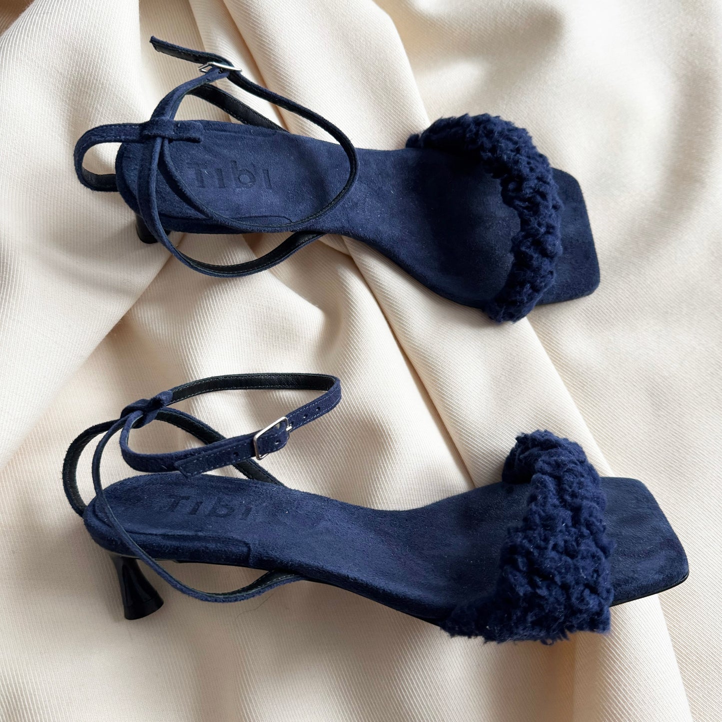 Tibi "Cameron" Suede & Faux Shearling Sandal in Navy, size 37.5