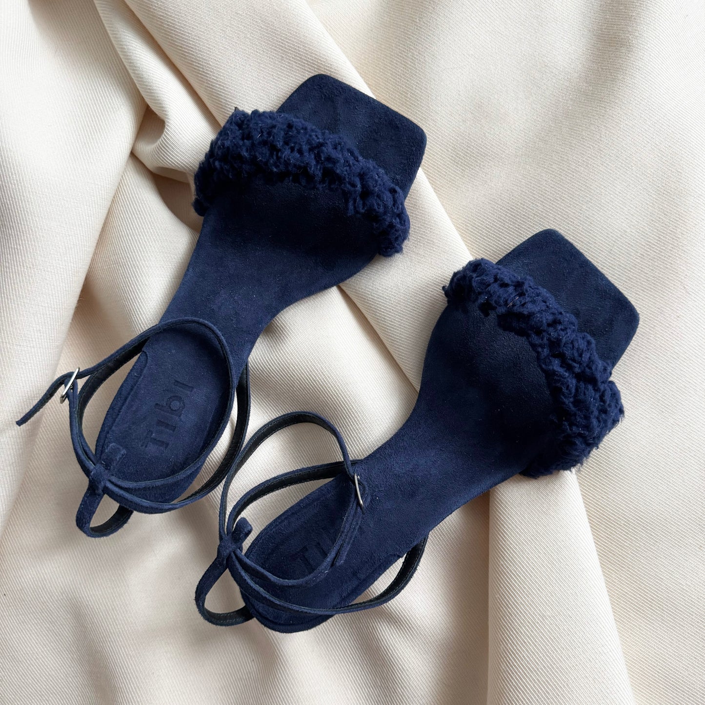 Tibi "Cameron" Suede & Faux Shearling Sandal in Navy, size 37.5