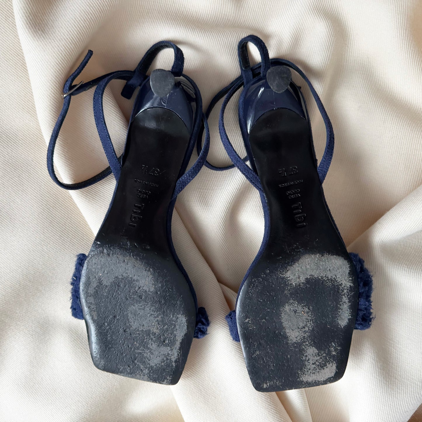 Tibi "Cameron" Suede & Faux Shearling Sandal in Navy, size 37.5