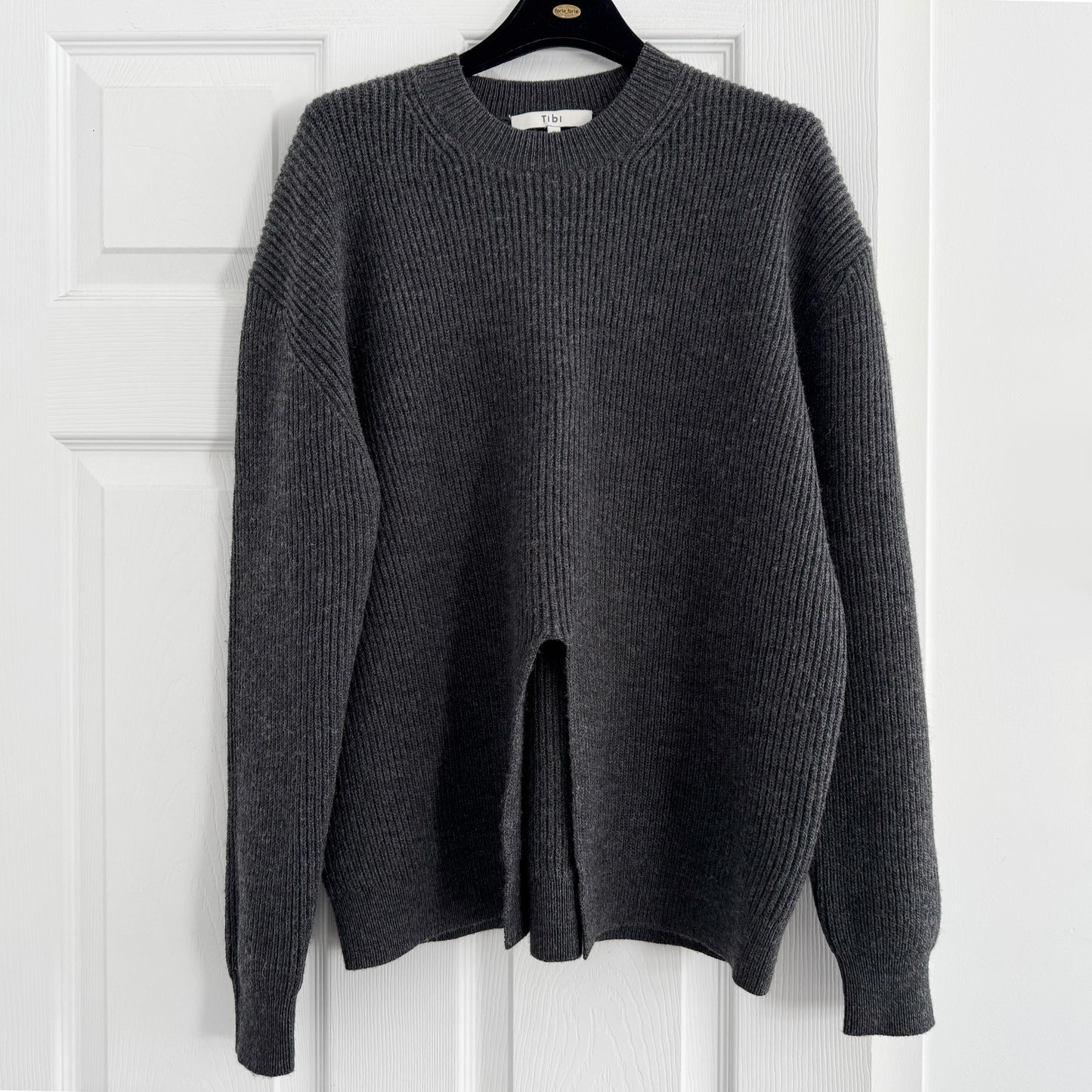 Tibi "cardigan stitch split front crewneck easy pullover" in Charcoal Grey, size Small