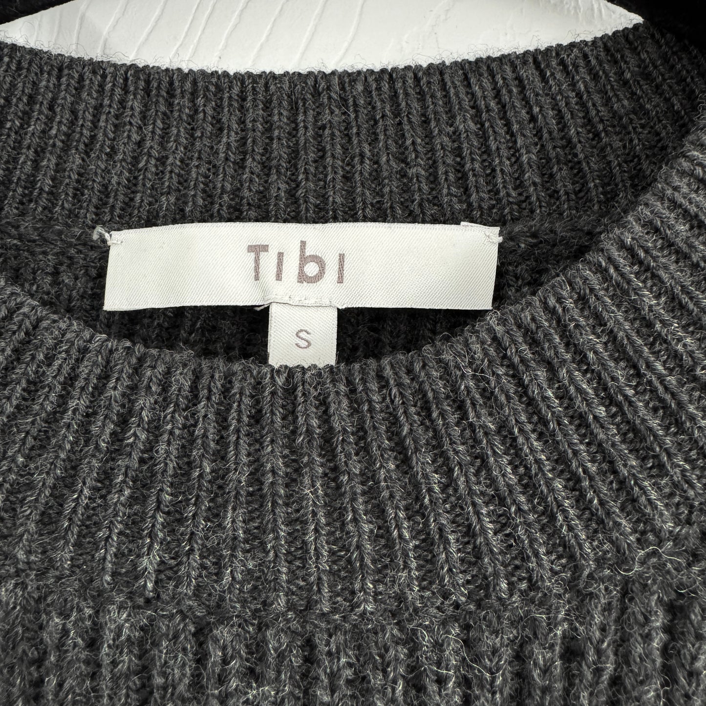 Tibi "cardigan stitch split front crewneck easy pullover" in Charcoal Grey, size Small