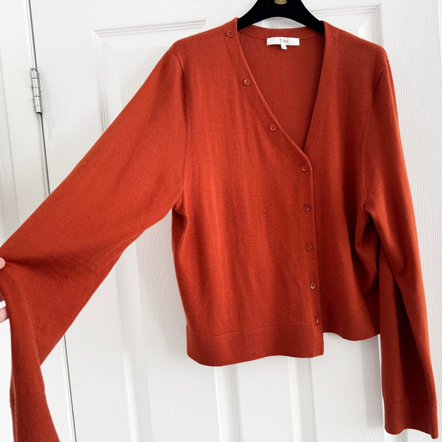TIbi Cashmere Silk Asymmetrical Cardigan in Tamarind, size XL