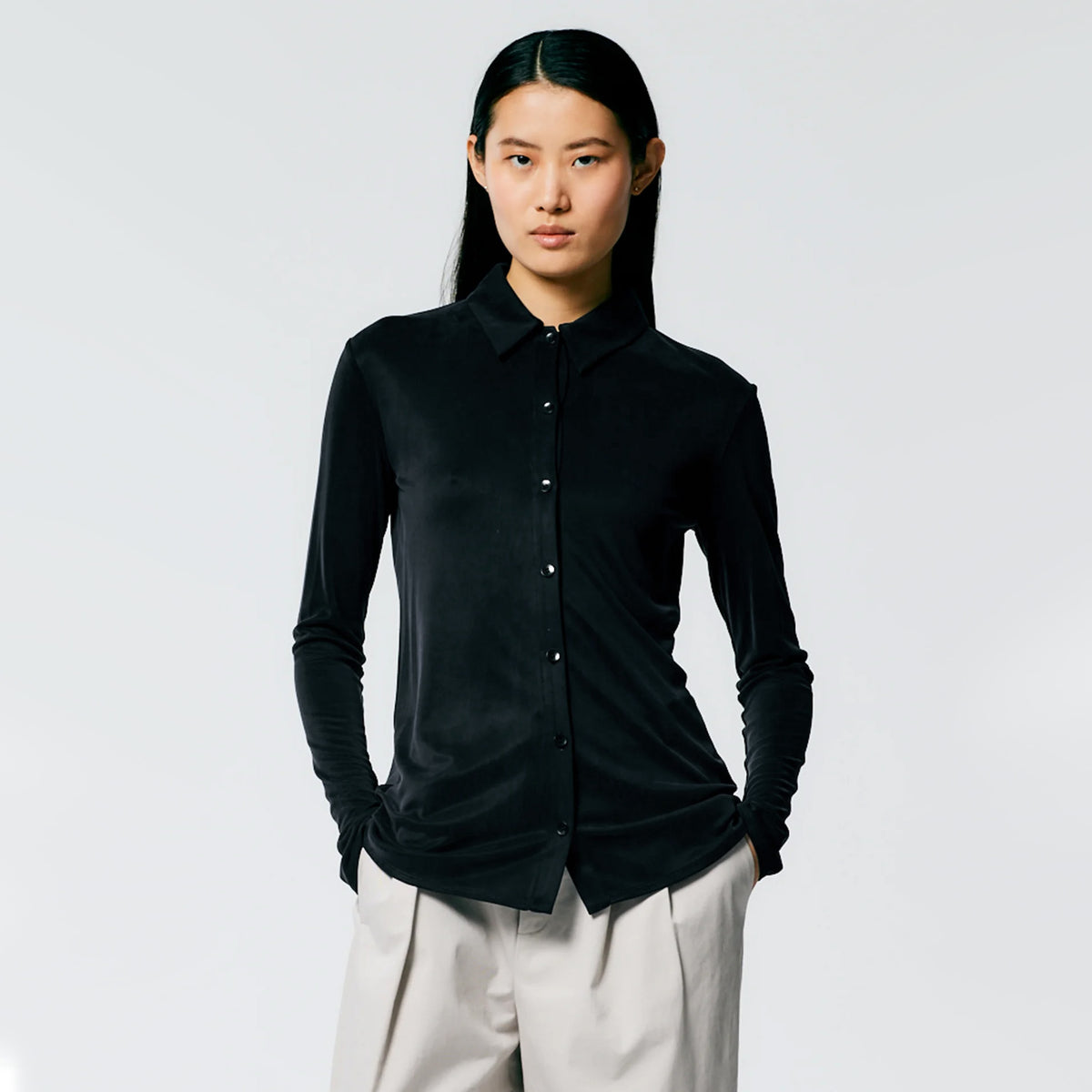 Tibi Deeba Cupro Slim Shirt in Black, size 8