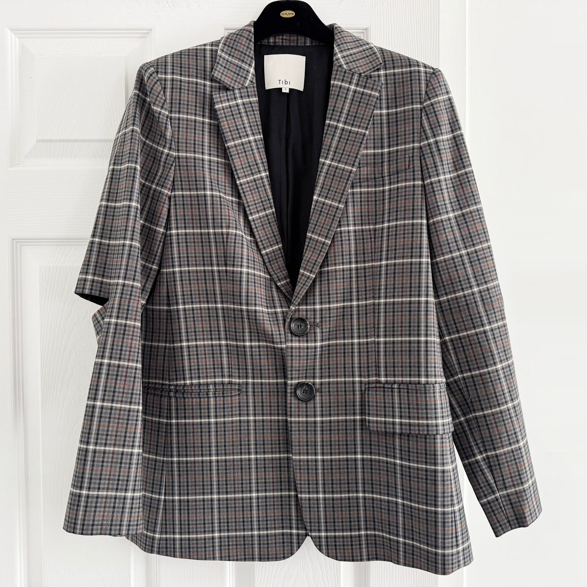 Tibi "Gabe" Checked Blazer w Cutout Elbows, size 8