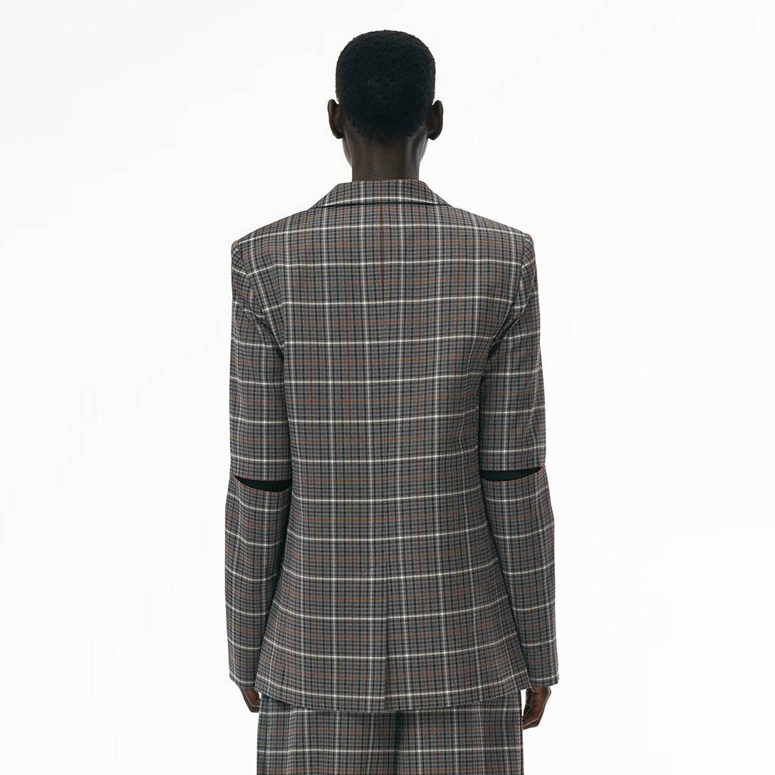 Tibi "Gabe" Checked Blazer w Cutout Elbows, size 8