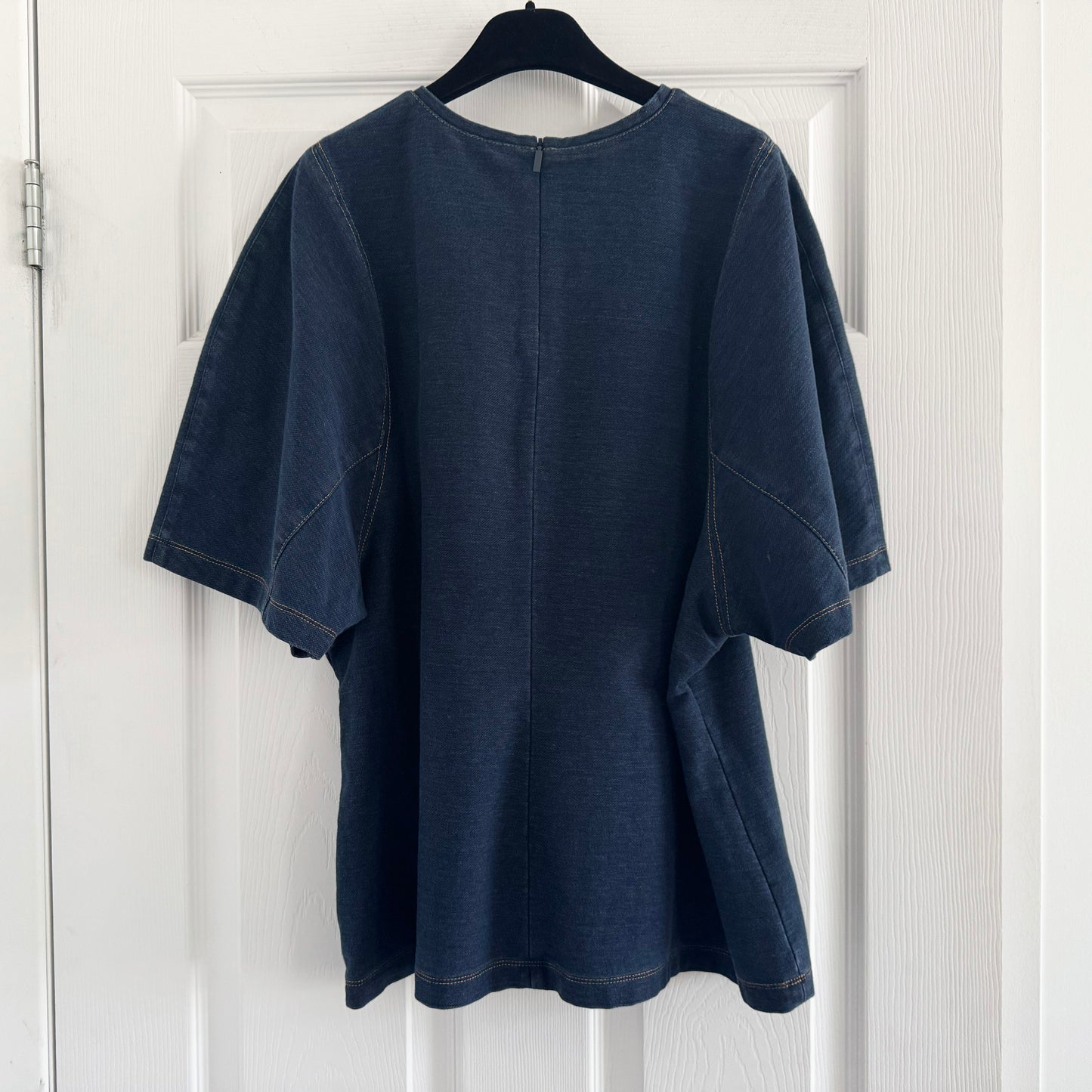 Tibi Indigo Barre Denim Knit Sculpted Shrunken T-Shirt, Size XL