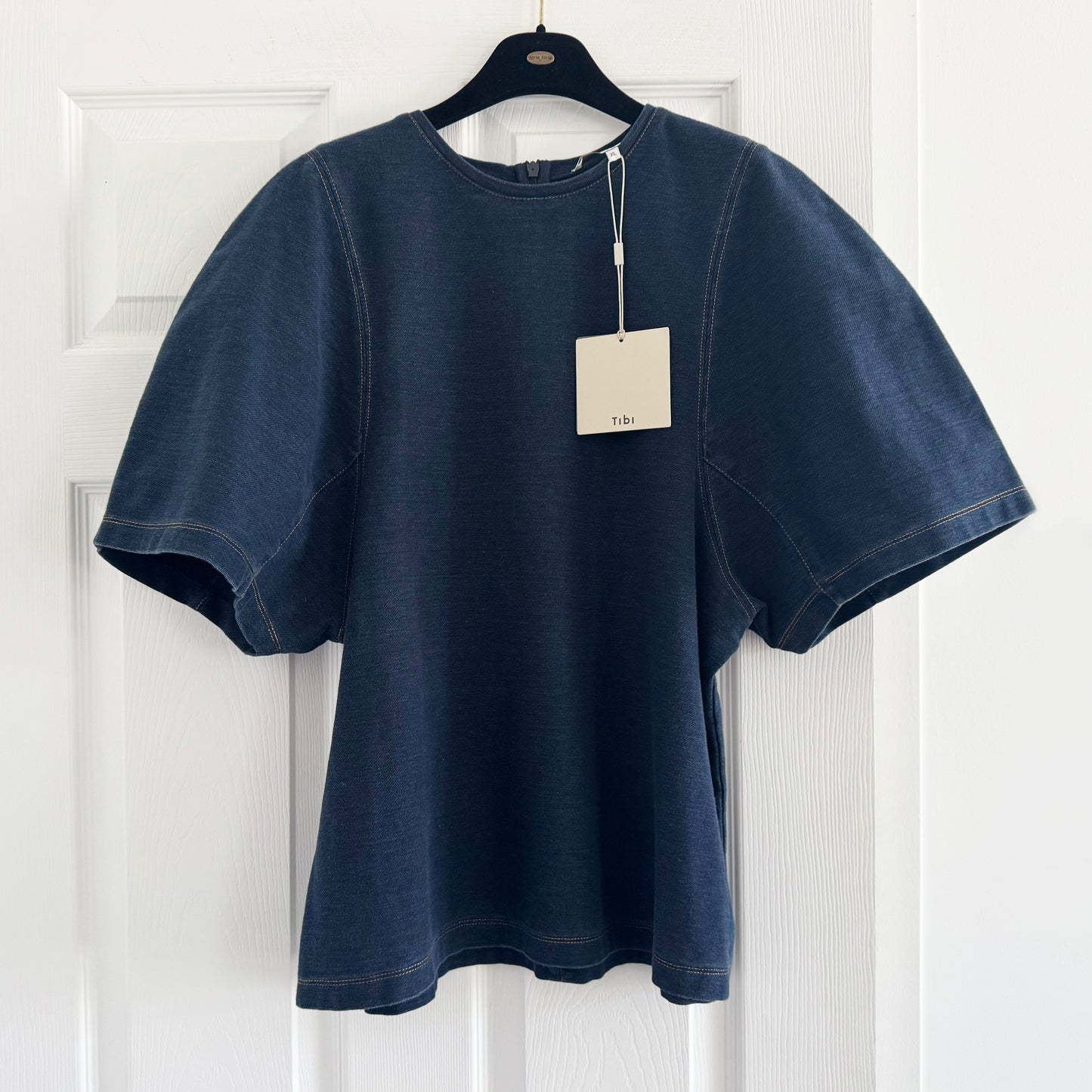 Tibi Indigo Barre Denim Knit Sculpted Shrunken T-Shirt, Size XL