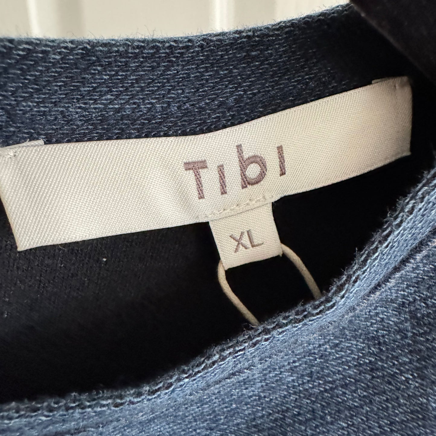 Tibi Indigo Barre Denim Knit Sculpted Shrunken T-Shirt, Size XL