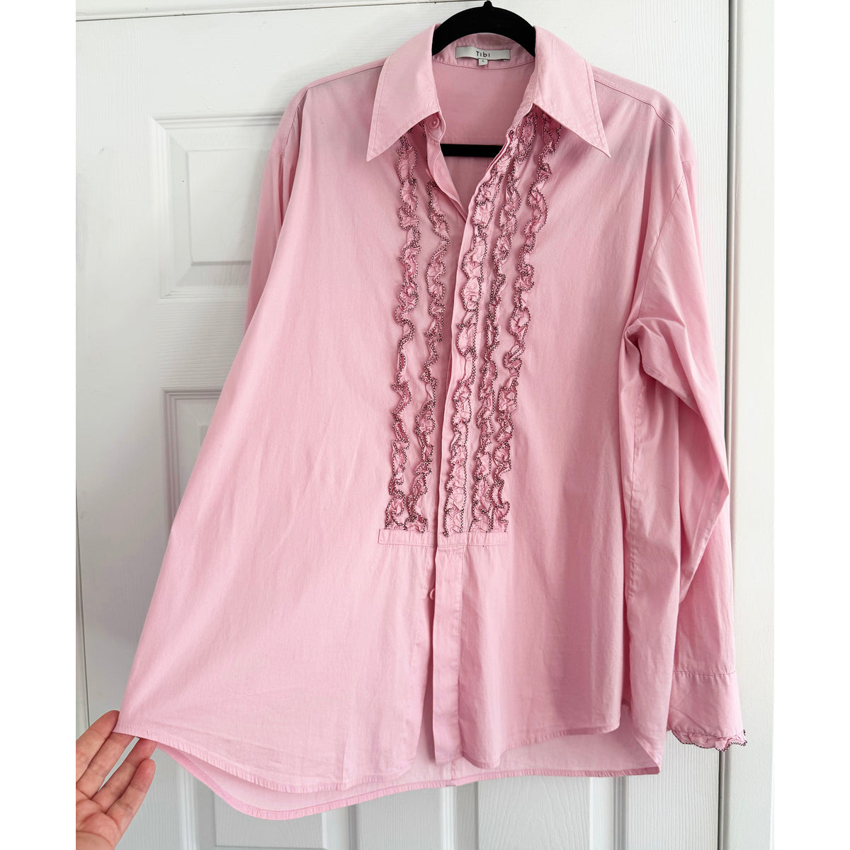 Tibi Lightweight Cotton/Nylon Easy Tuxedo Shirt in Pink, size Small
