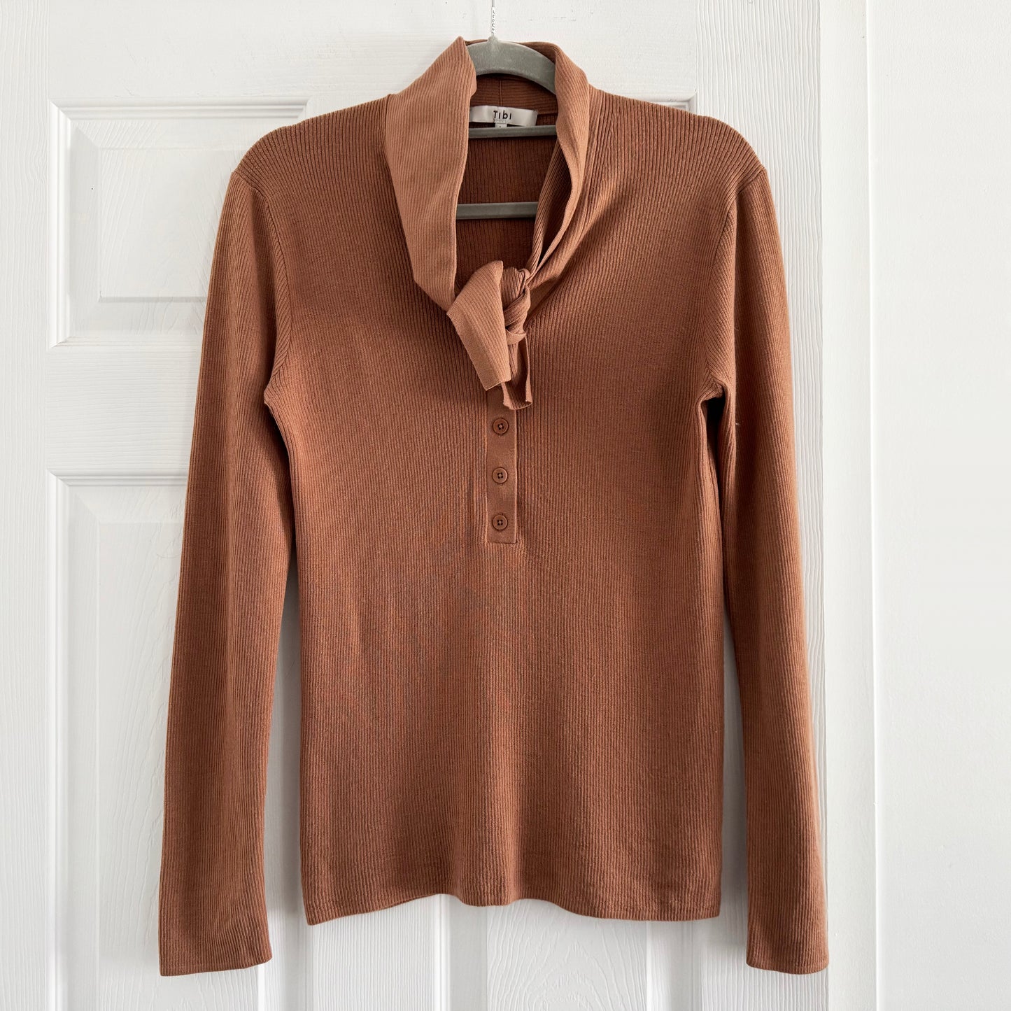 Tibi "Allonge" Collar Ribbed Sweater in Tan, size Large