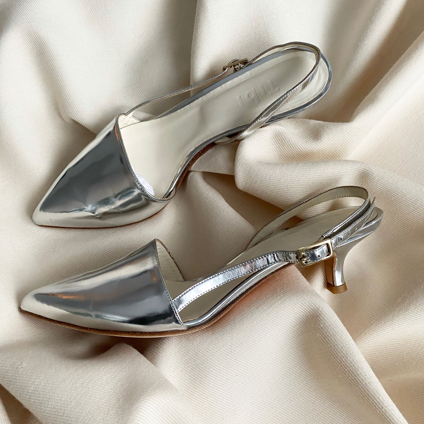 Tibi Silver Hitten Heel Slingbacks, size 38