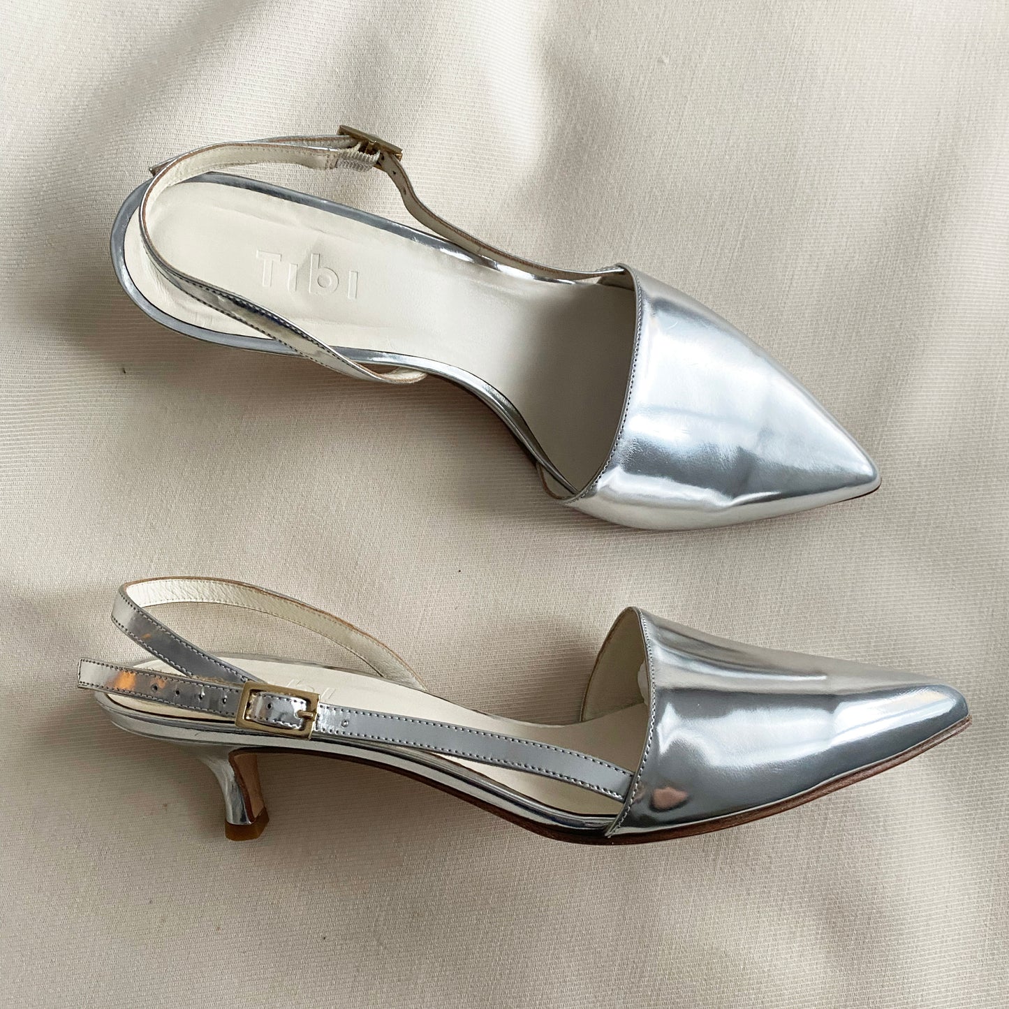 Tibi Silver Hitten Heel Slingbacks, size 38