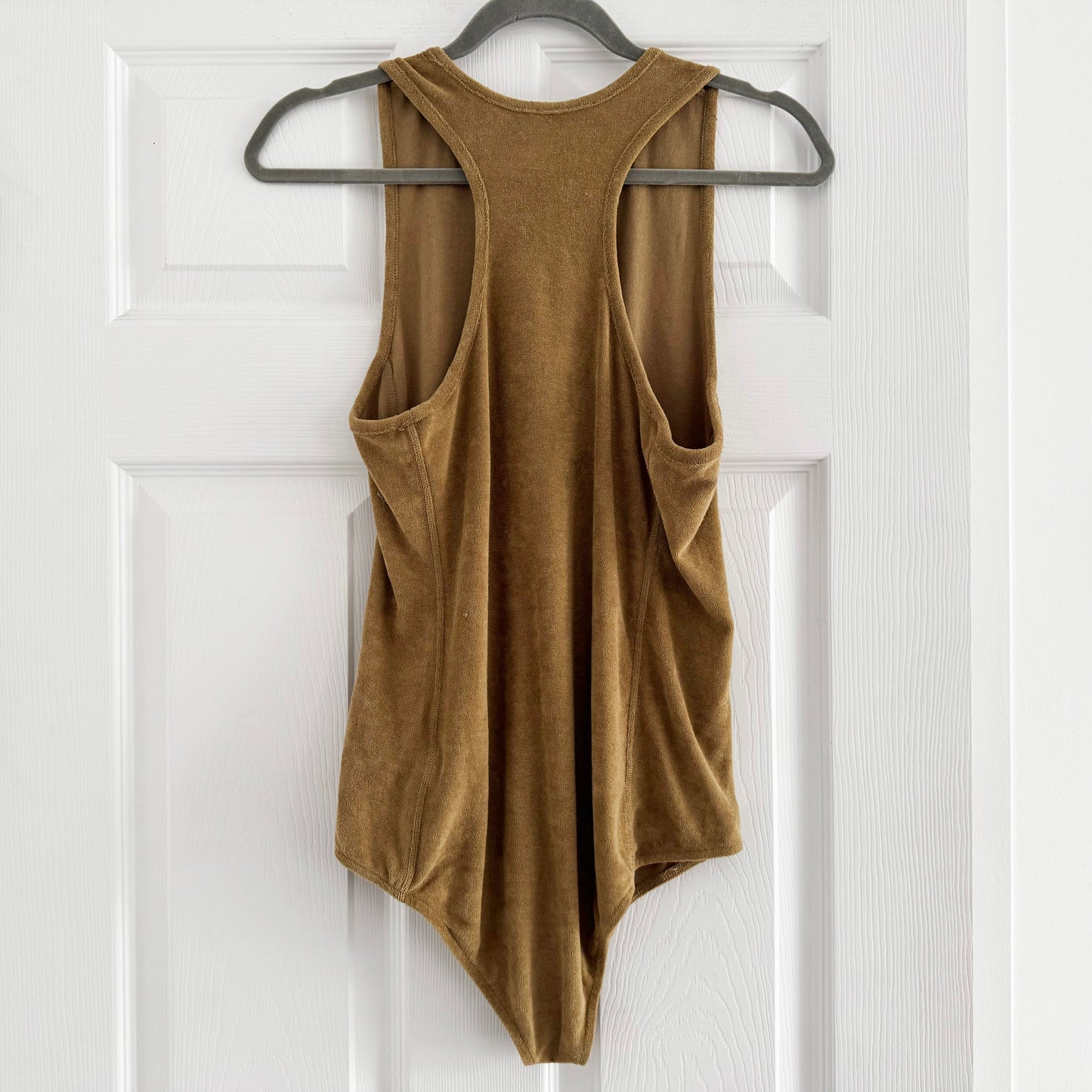 Tibi Summer Terry Crewneck Racerback Bodysuit in "Cumin", size Medium
