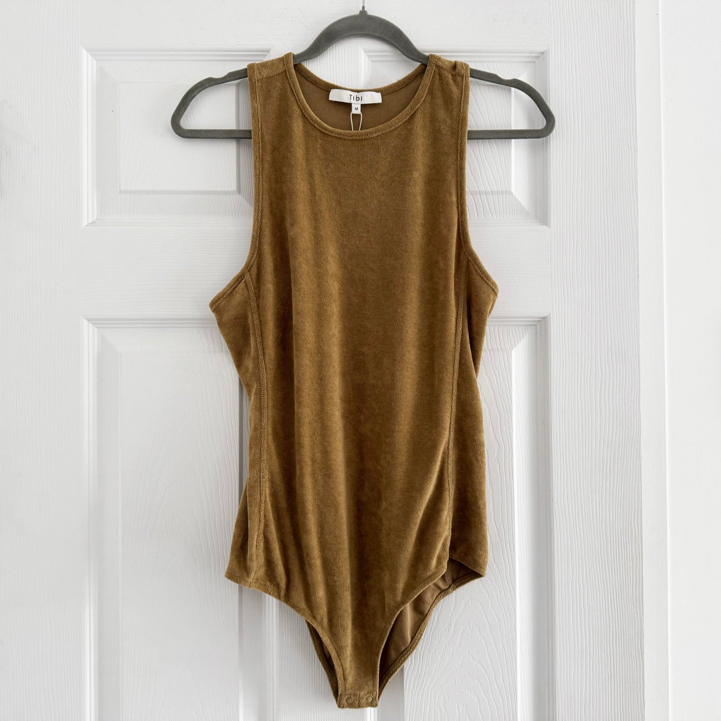 Tibi Summer Terry Crewneck Racerback Bodysuit in "Cumin", size Medium