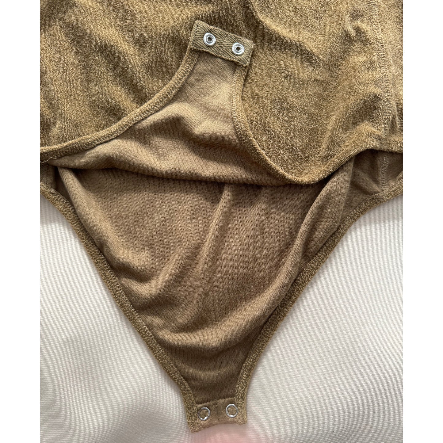 Tibi Summer Terry Crewneck Racerback Bodysuit in "Cumin", size Medium