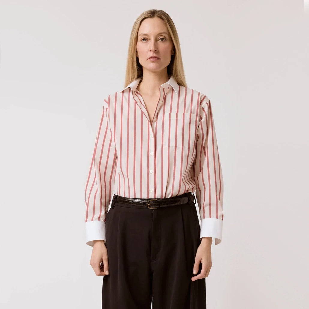 T-Line "Caroline" Stripe Shirt in Red Banker Stripe, size S/M