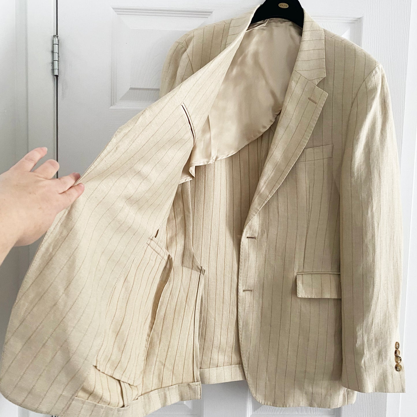 Todd Snyder "Sutton" Italian Linen-Silk Jacket in Tan Pinstripe, size 42R