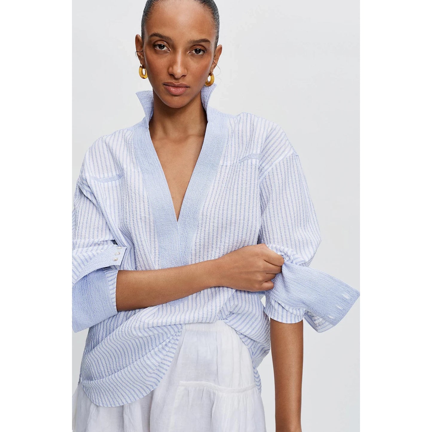 Wiggy Kit "Tom Tom" Seersucker Stripe Shirt in Blue, size Large (fits L/XL)