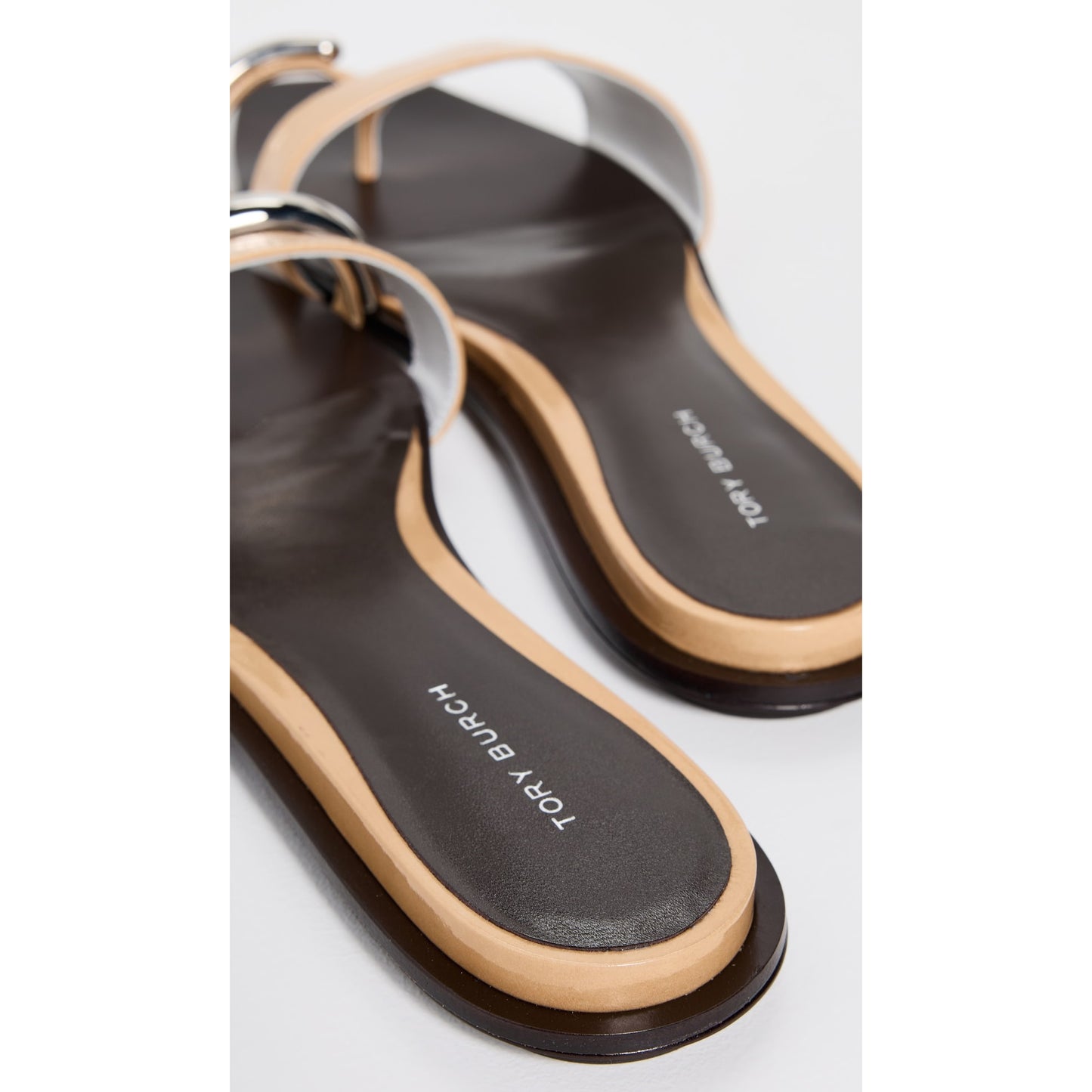 Tory Burch "Pierced" Slides in "Cantucci/Silver", size 7