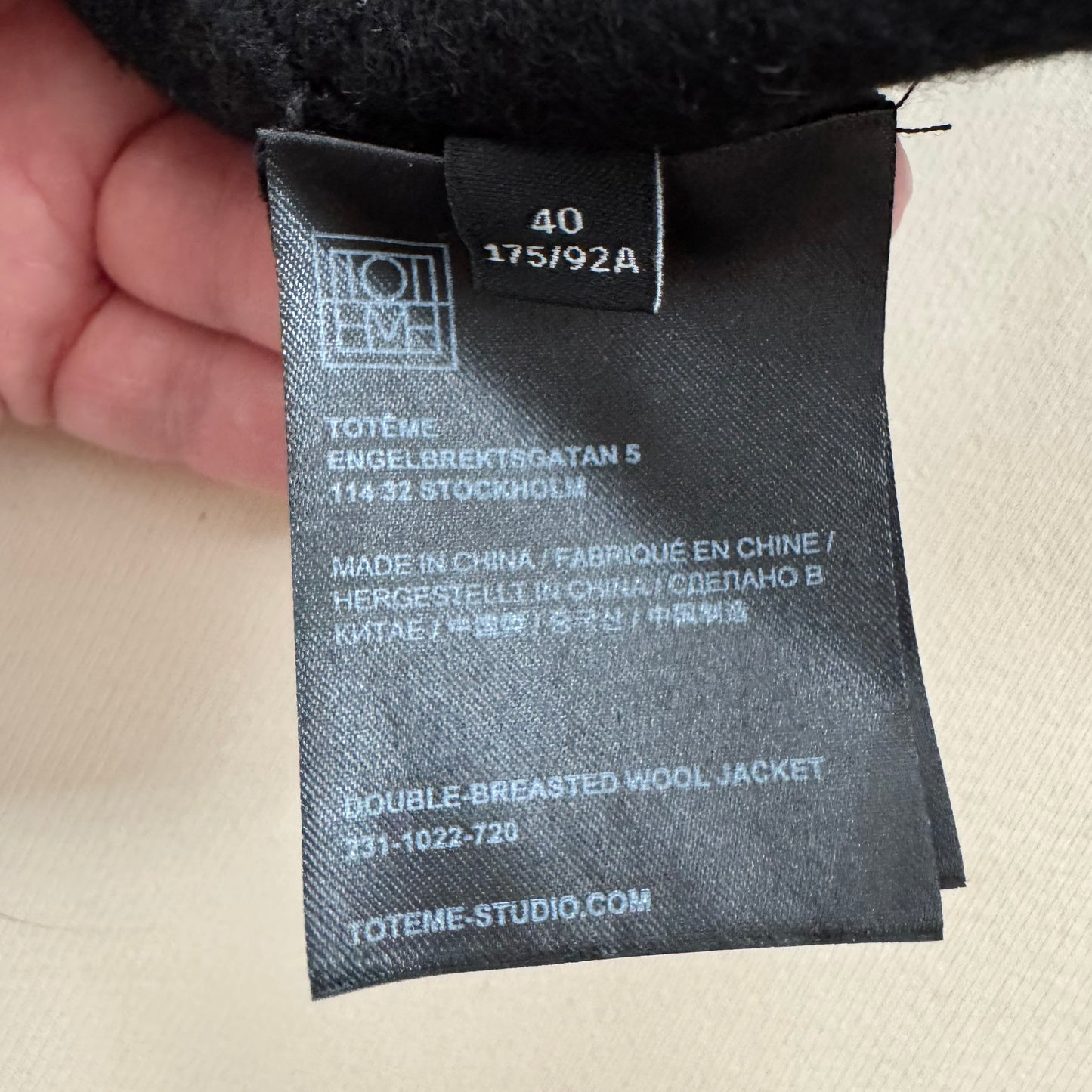 Totême Double Breasted Wool Jacket in Black, size 40 (fits M/L)