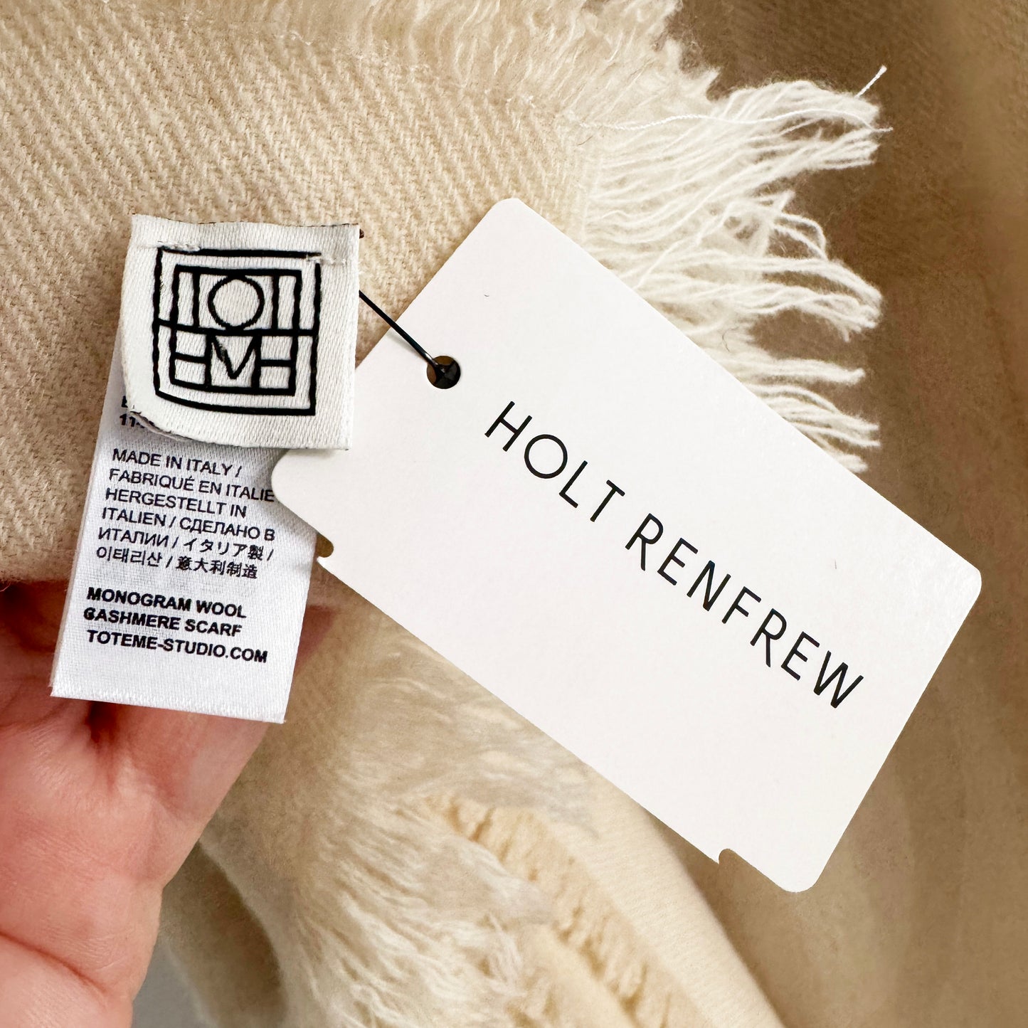 Toteme Wool-Cashmere Large Monogram Scarf in Beige