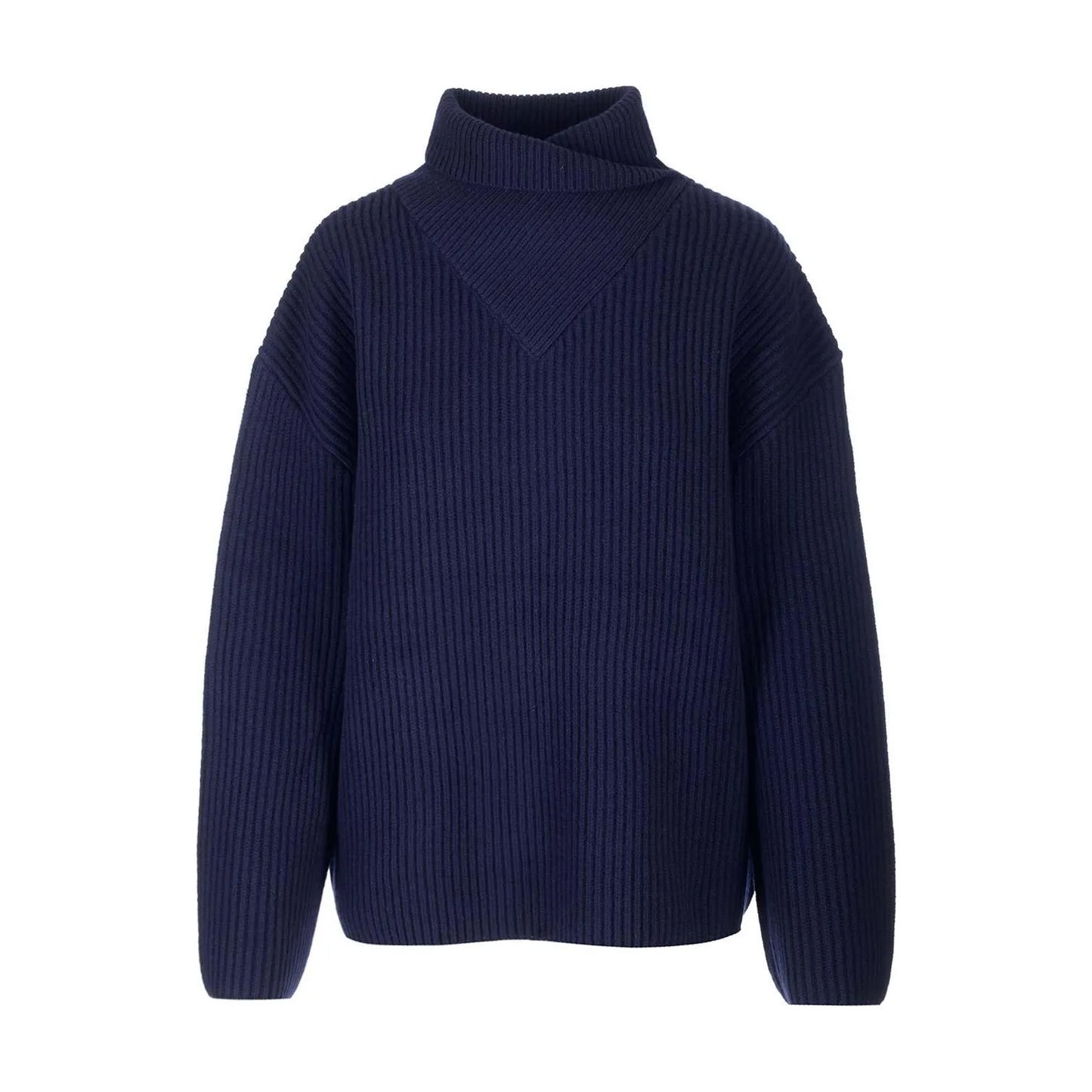 Toteme Wrapped Neck Ribbed Wool Sweater in Navy, size Medium