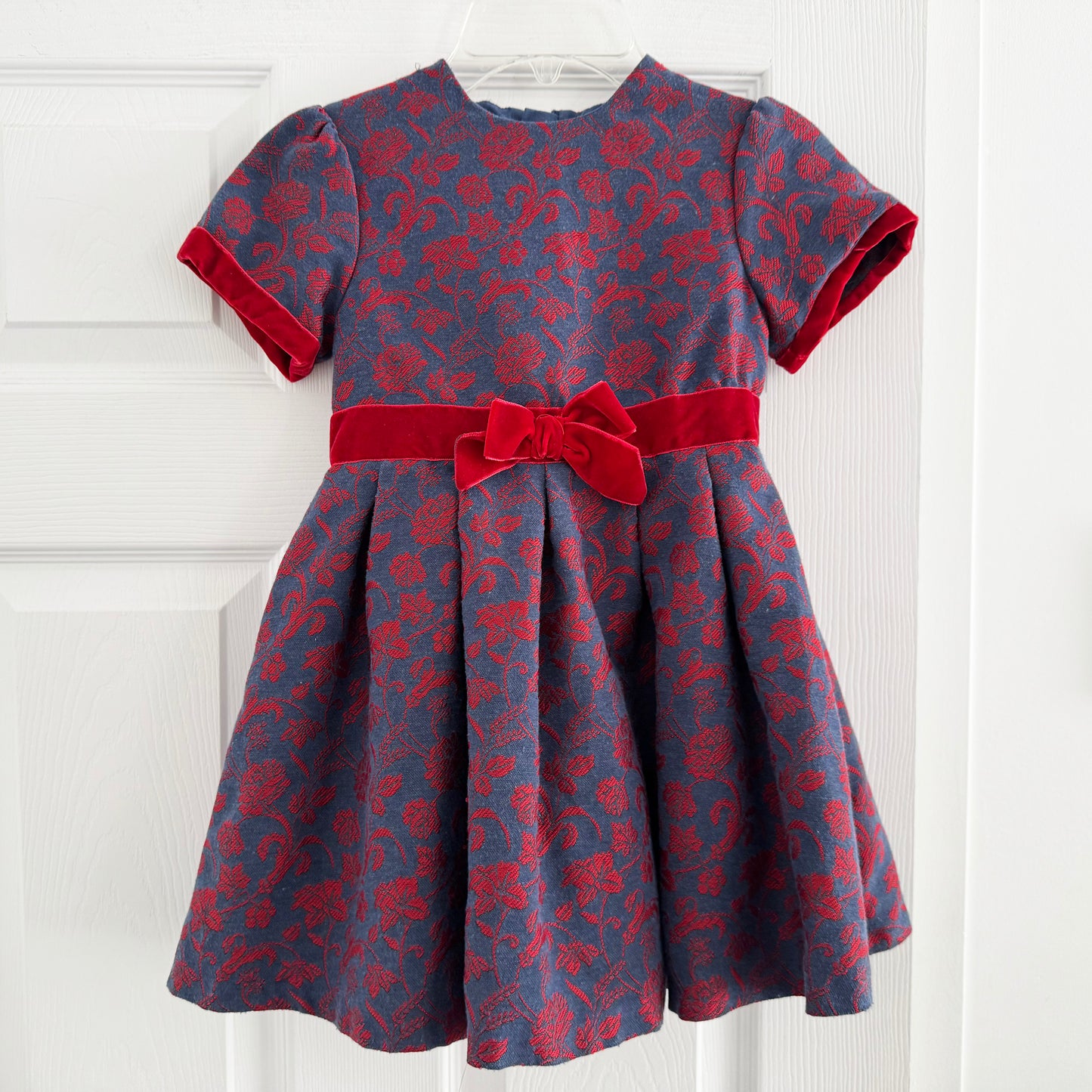 Tutto Piccolo Jaquard Dress with Velvet Trim in Blue/Red, size 6 years