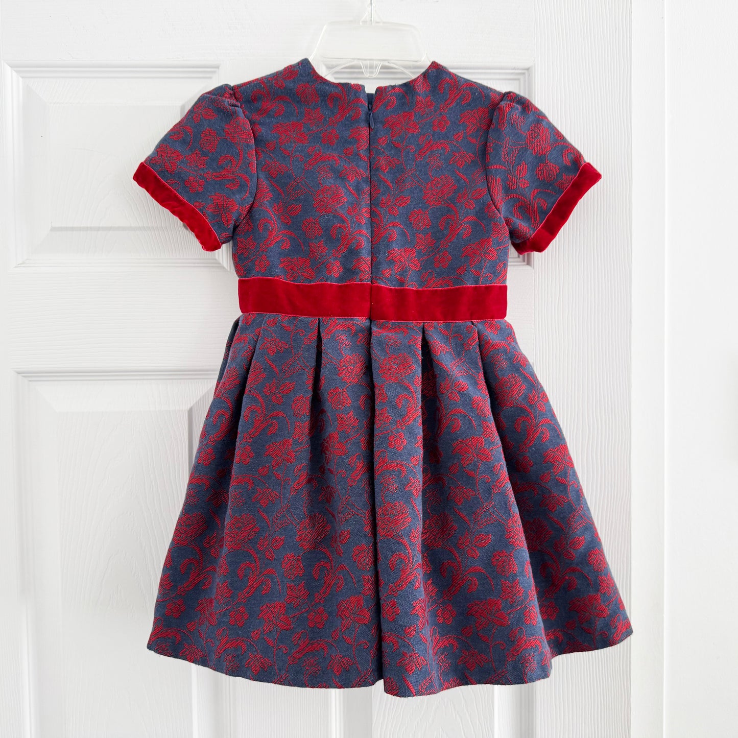 Tutto Piccolo Jaquard Dress with Velvet Trim in Blue/Red, size 6 years