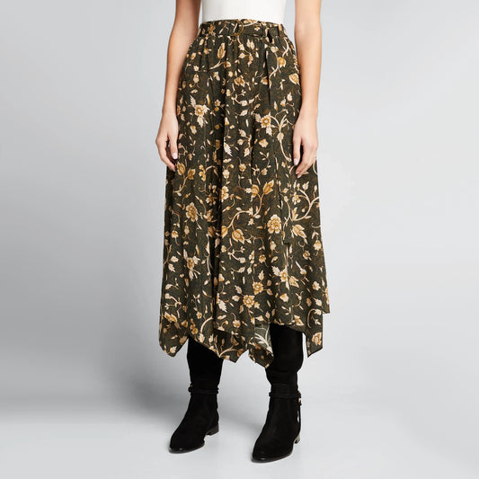 Ulla Johnson "Ariana" Floral Print Silk Skirt in Green, size 2