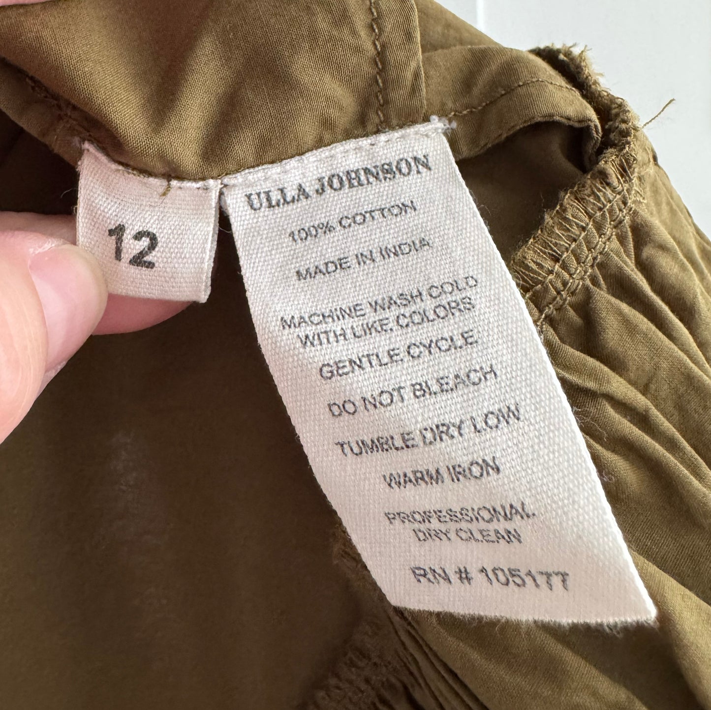 Ulla Johnson "Celia" Dress in Khaki Green, size 12